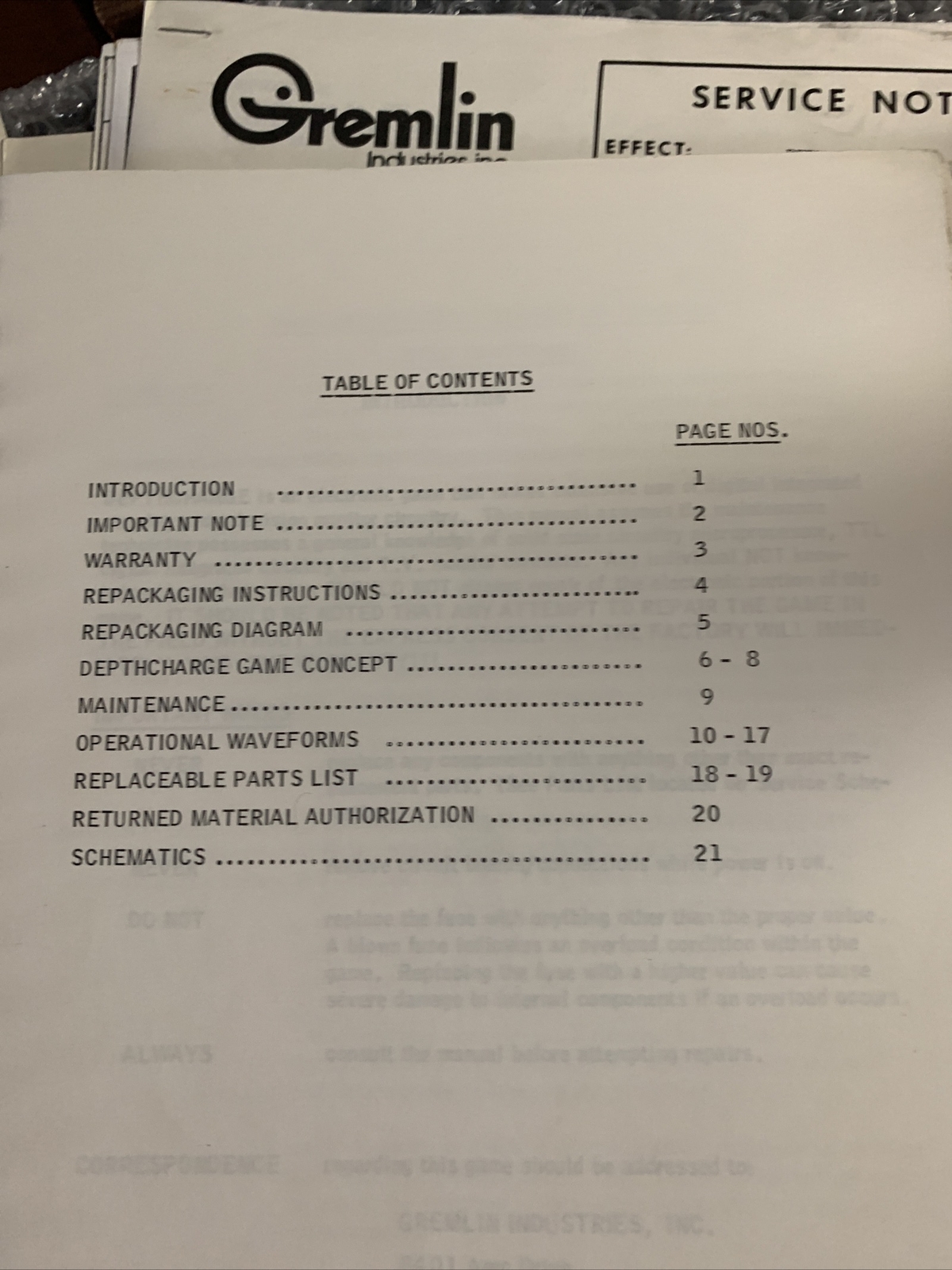 original Depth Charge Sega Gremlin game owners manual