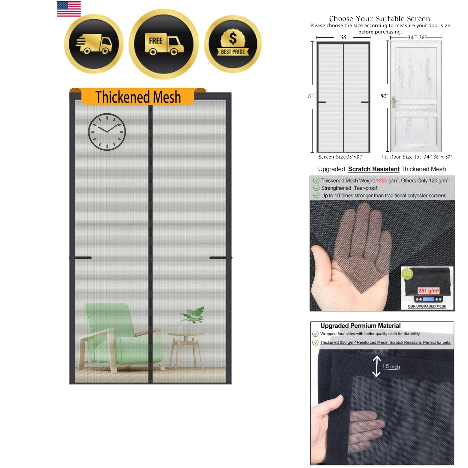 Upgraded Magnetic Screen Door Thicker 250g/m² Reinforced Mesh,36 Longer Magne...