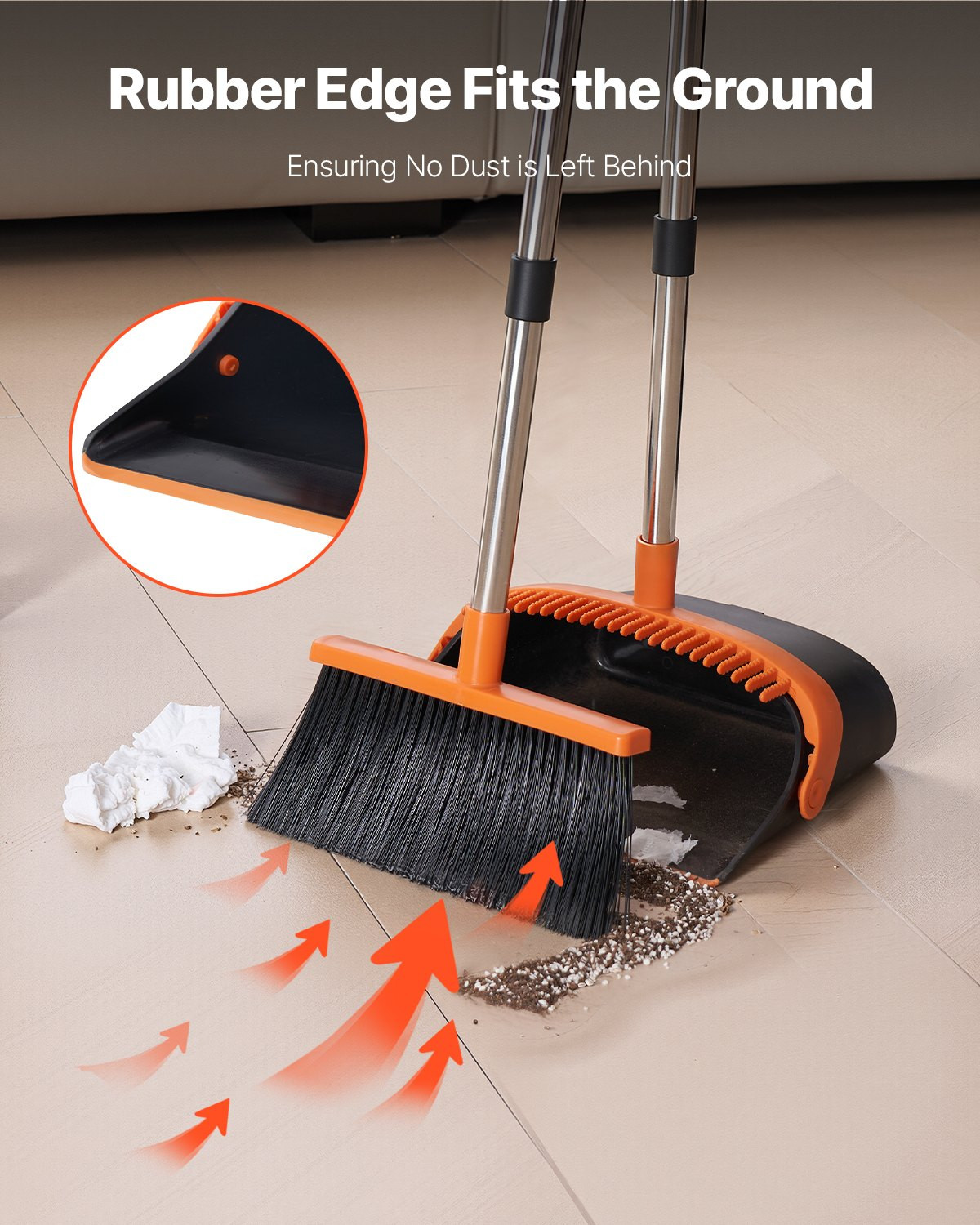 VEVOR Broom and Dustpan Set, Heavy Duty Dustpan and Broom Combo with Self-Cleani