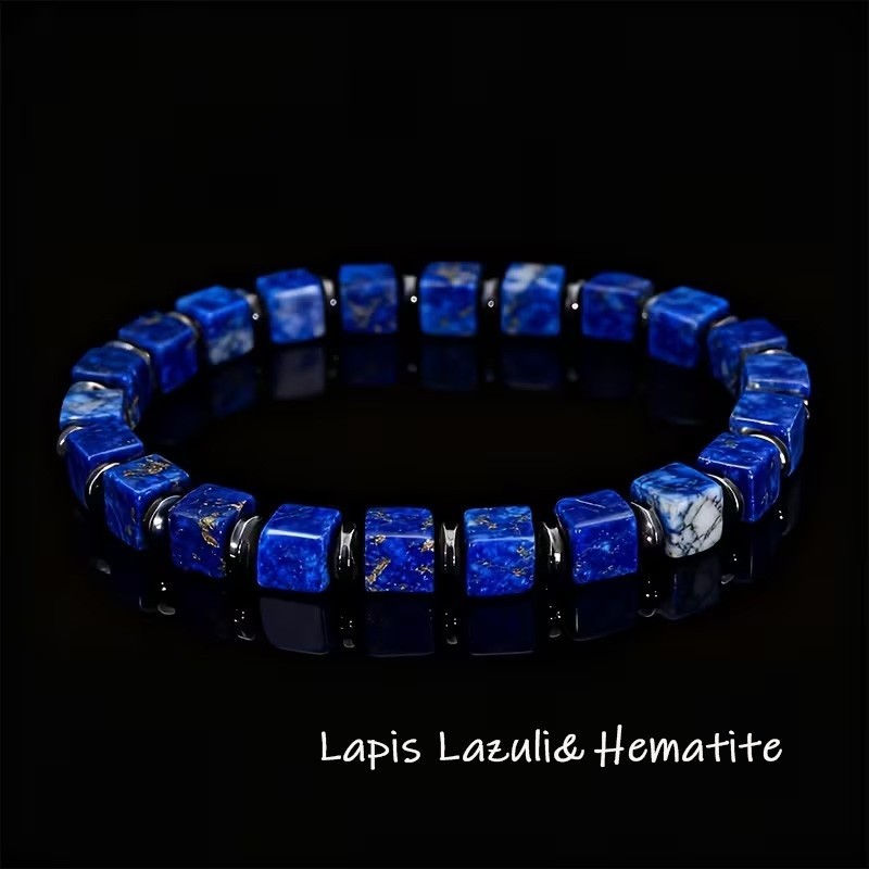 Lapis Lazuli & Hematite Cube Beaded Crystal Healing Reiki Stretch luck Bracelet