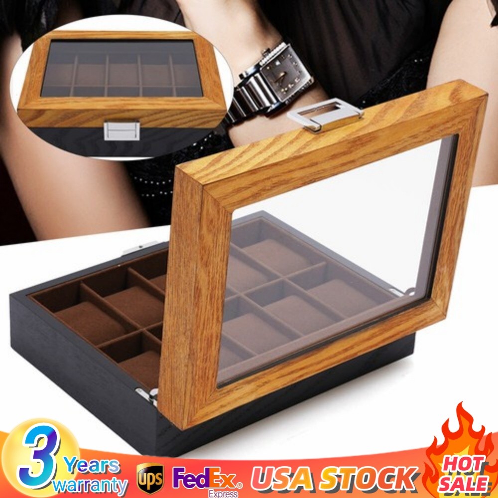 10-Slot Top Glass Watch Box Wooden Organizer Jewelry Box Storage Display Case