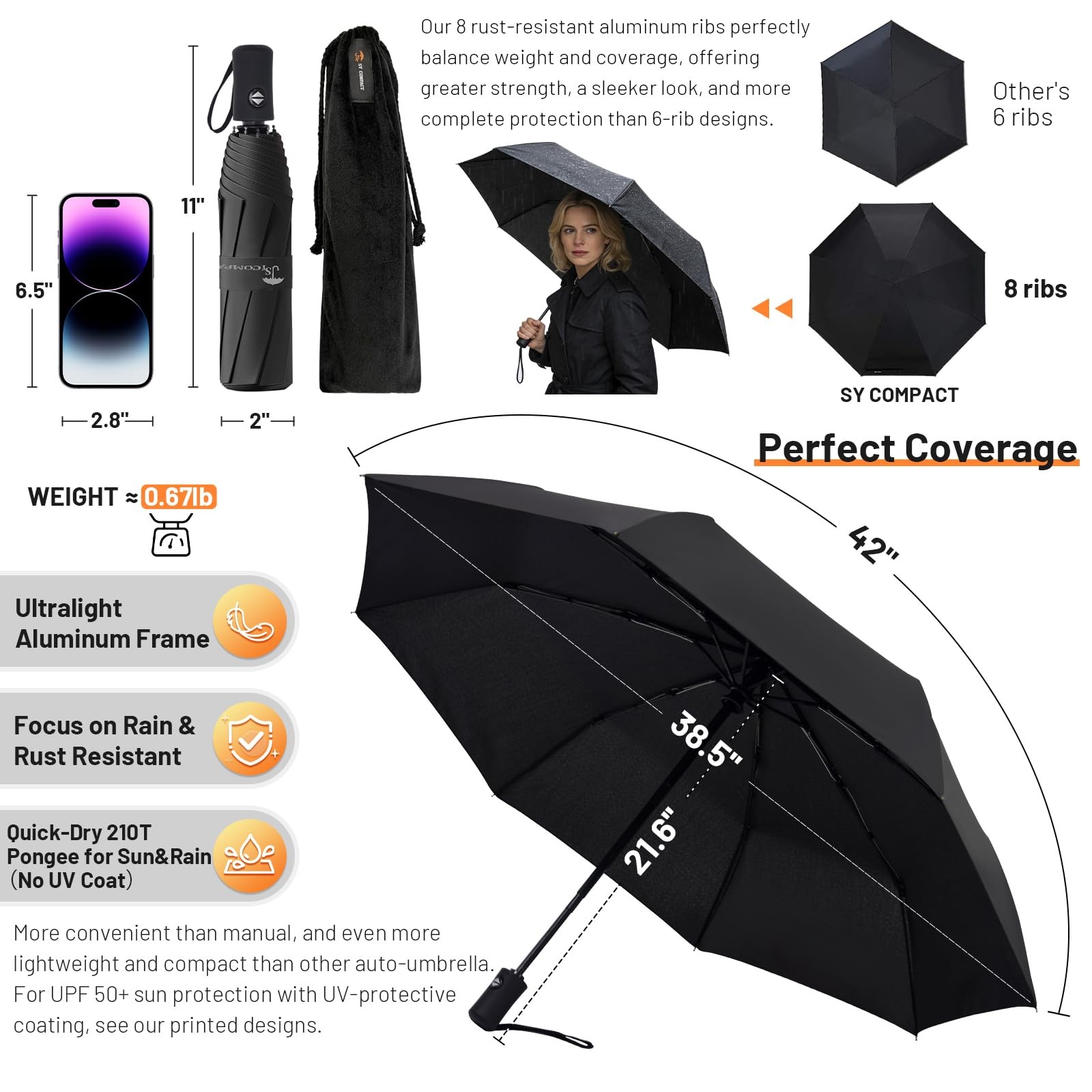 Compact Travel Umbrella Windproof Auto Open UV Protection Small Portable