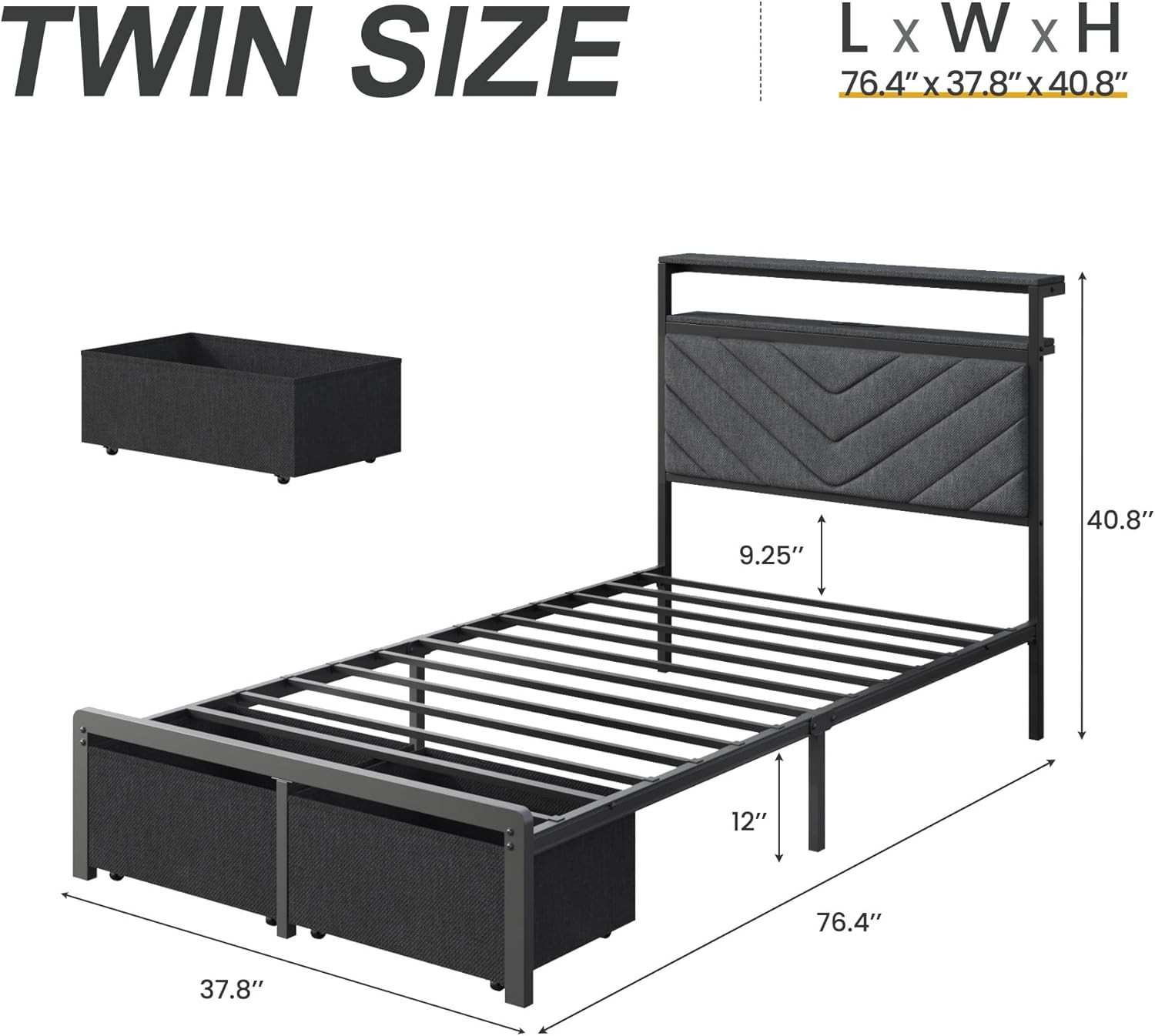 Twin Bed Frame with Charging Station, LED Lights & 2 Storage Drawers, Grey Platf