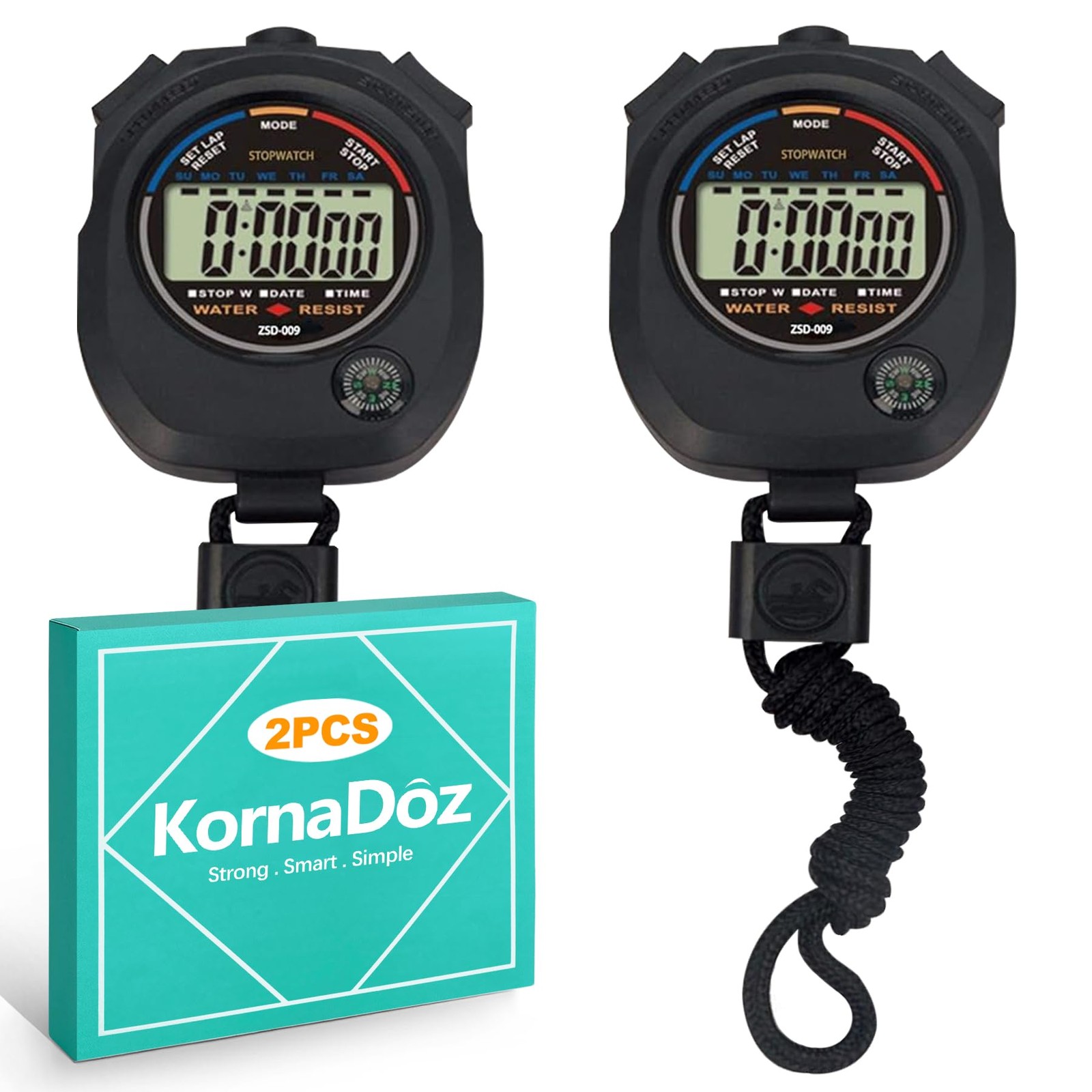 KornaDoz 2 Pack Digital Stopwatch Timer: Large Display, 1/100 Sec Black