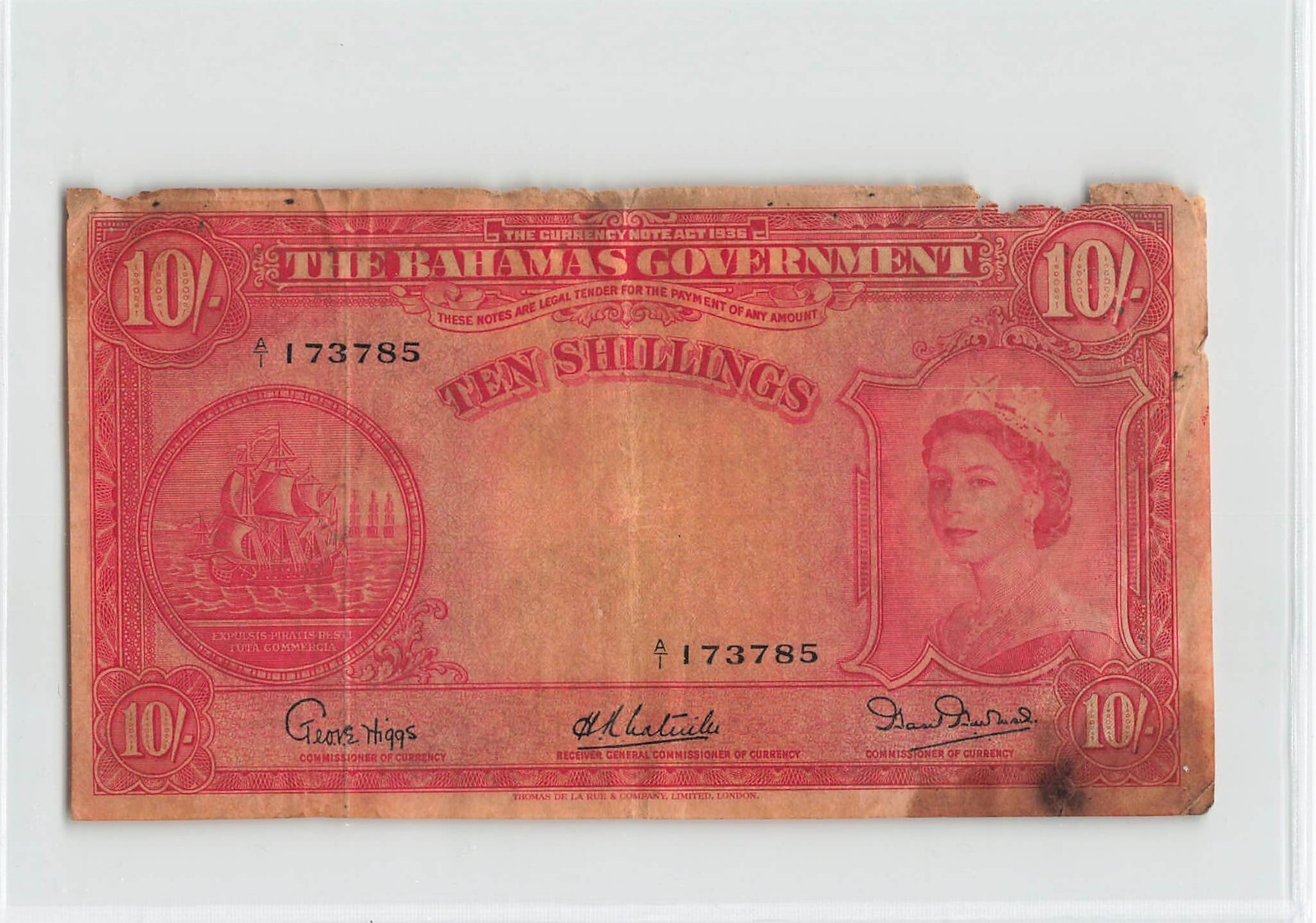 BAHAMAS 10 Shillings 1953, P-14a Higgs Latreille Burnside, A/1 173785, RARE. B5
