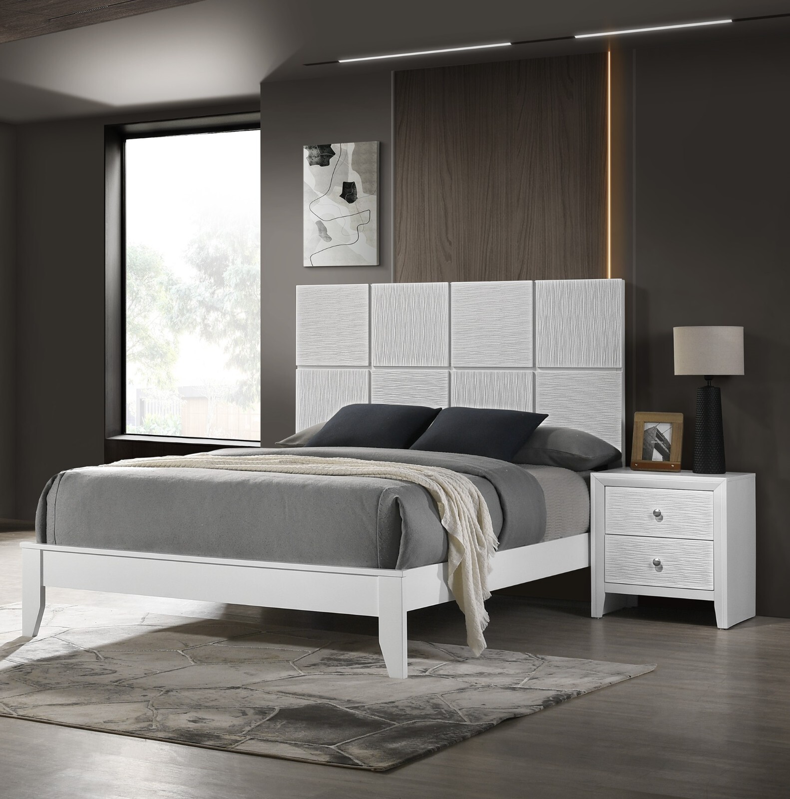 Pristine White Finish Wooden Square Panel Queen Bed 3pc Bedroom Furniture Set