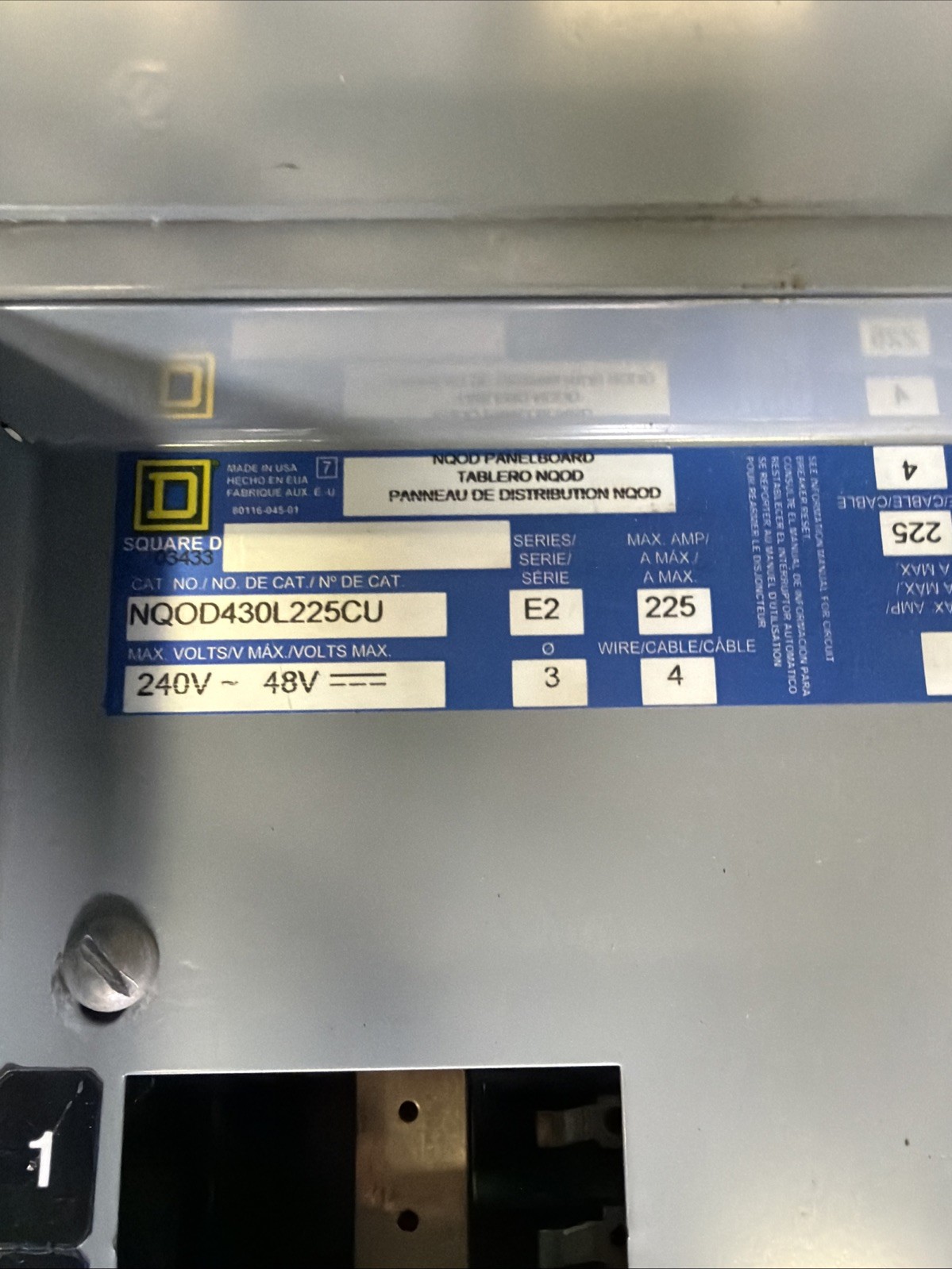 NQOD430L225CU Square D Interior PanelBoard With Breakers 225Amp