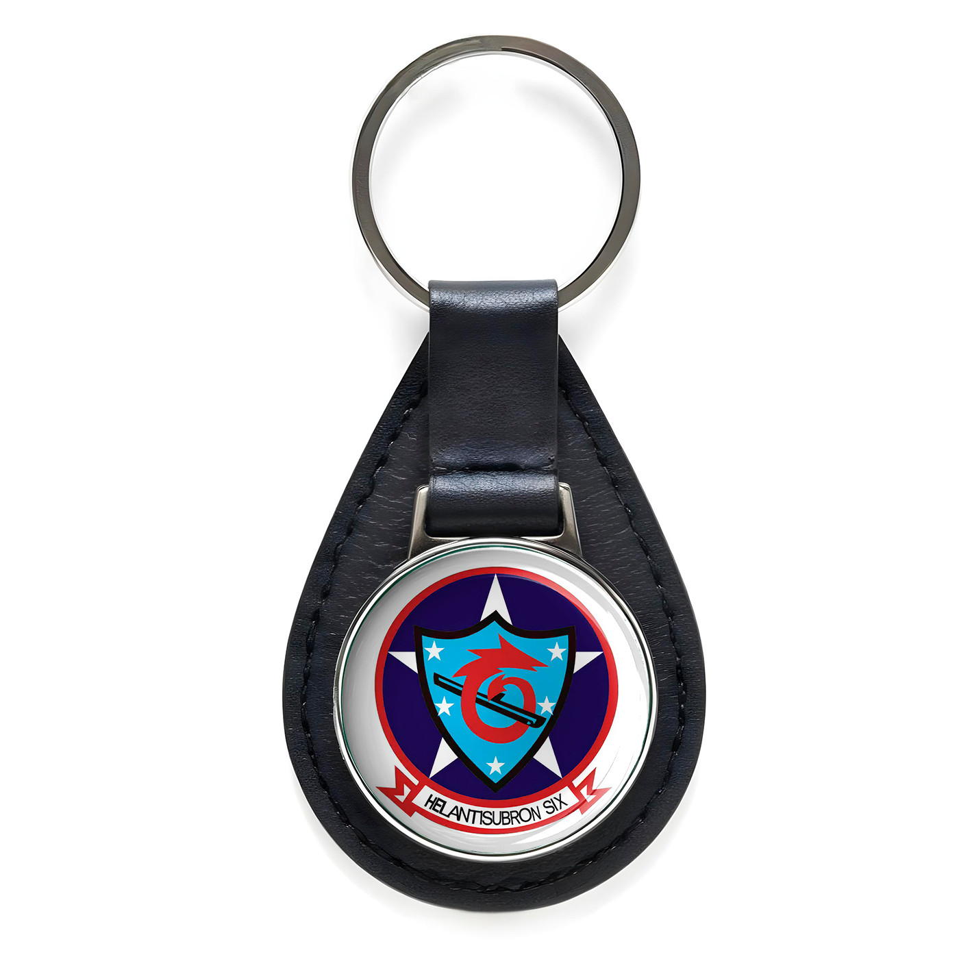 Helantisubron 6 Black Leather Keychain Silver Keyring Military Gift