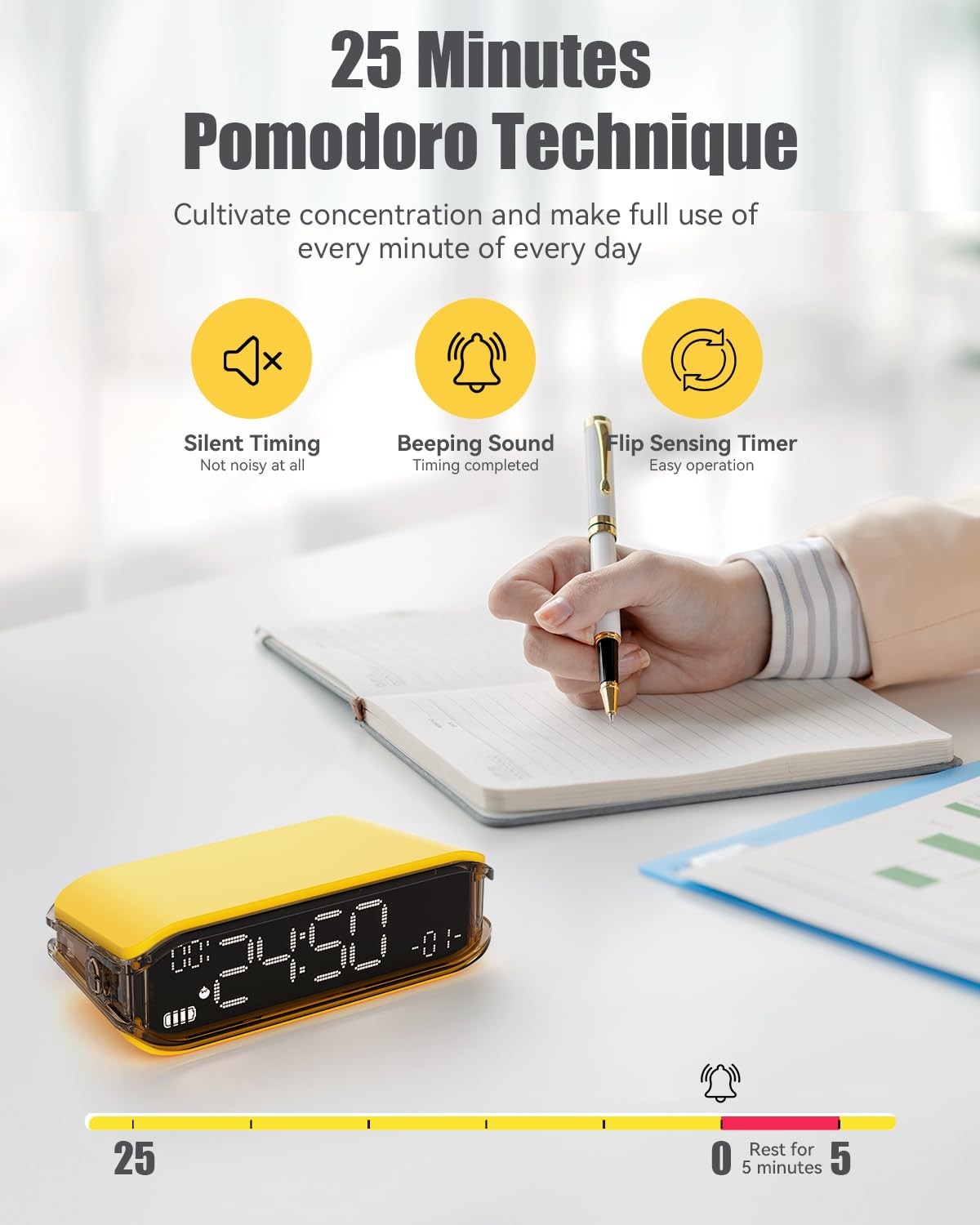 Pomodoro Timer Clock, Desk Timer for Productivity, Rotating to Switch Functio...