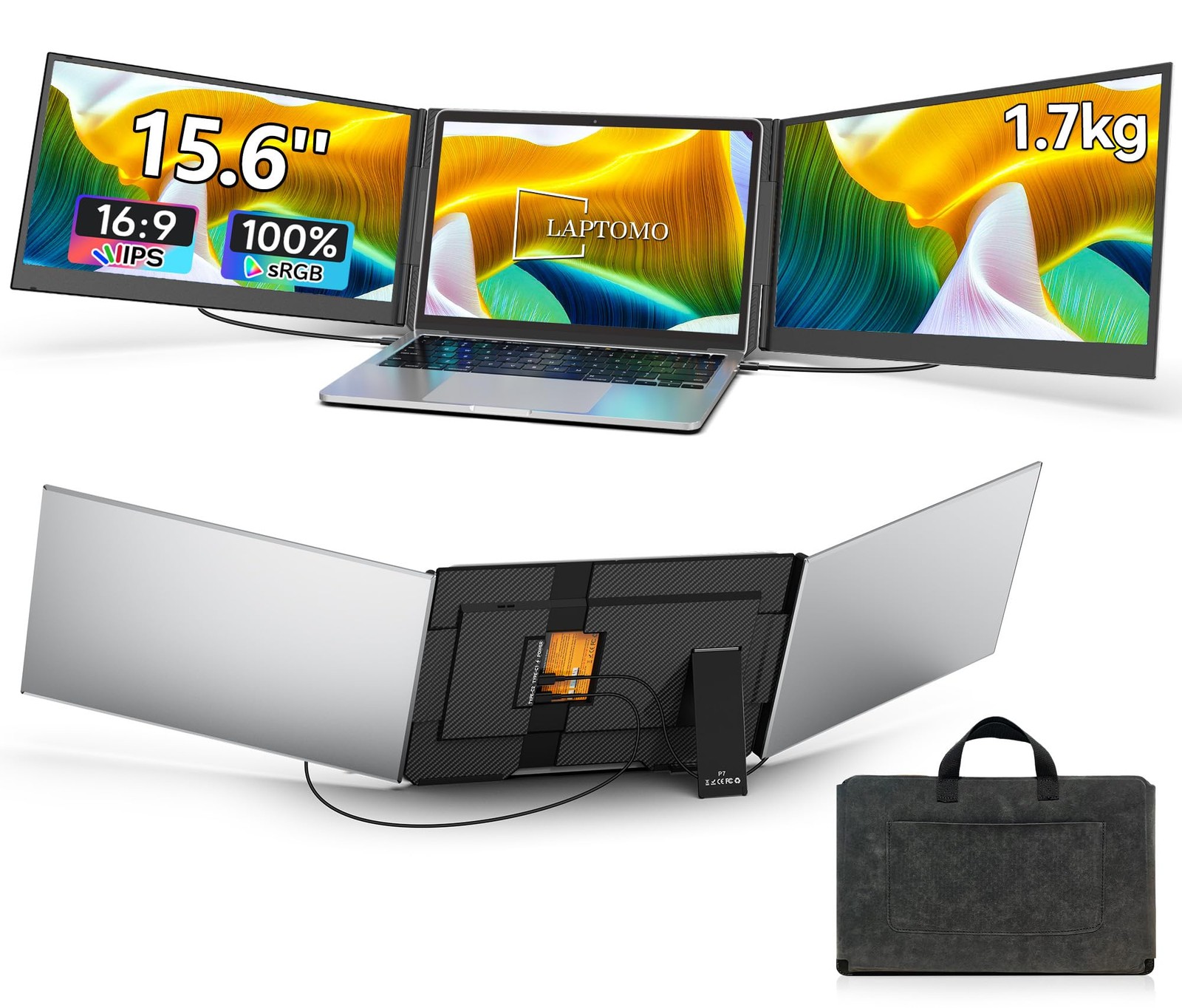 Laptomo P7 Triple Monitor 15.6in FHD 1080P IPS 180° HDMI USB-C