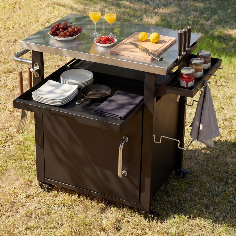 Outdoor Grill Cart with Storage Cabinet, Outdoor Bar Cart Pizza Oven Table