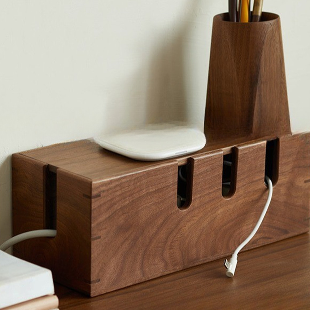 Solid Wood Cord Organizer Board with Built-In Compartments for Neat Desk Setup