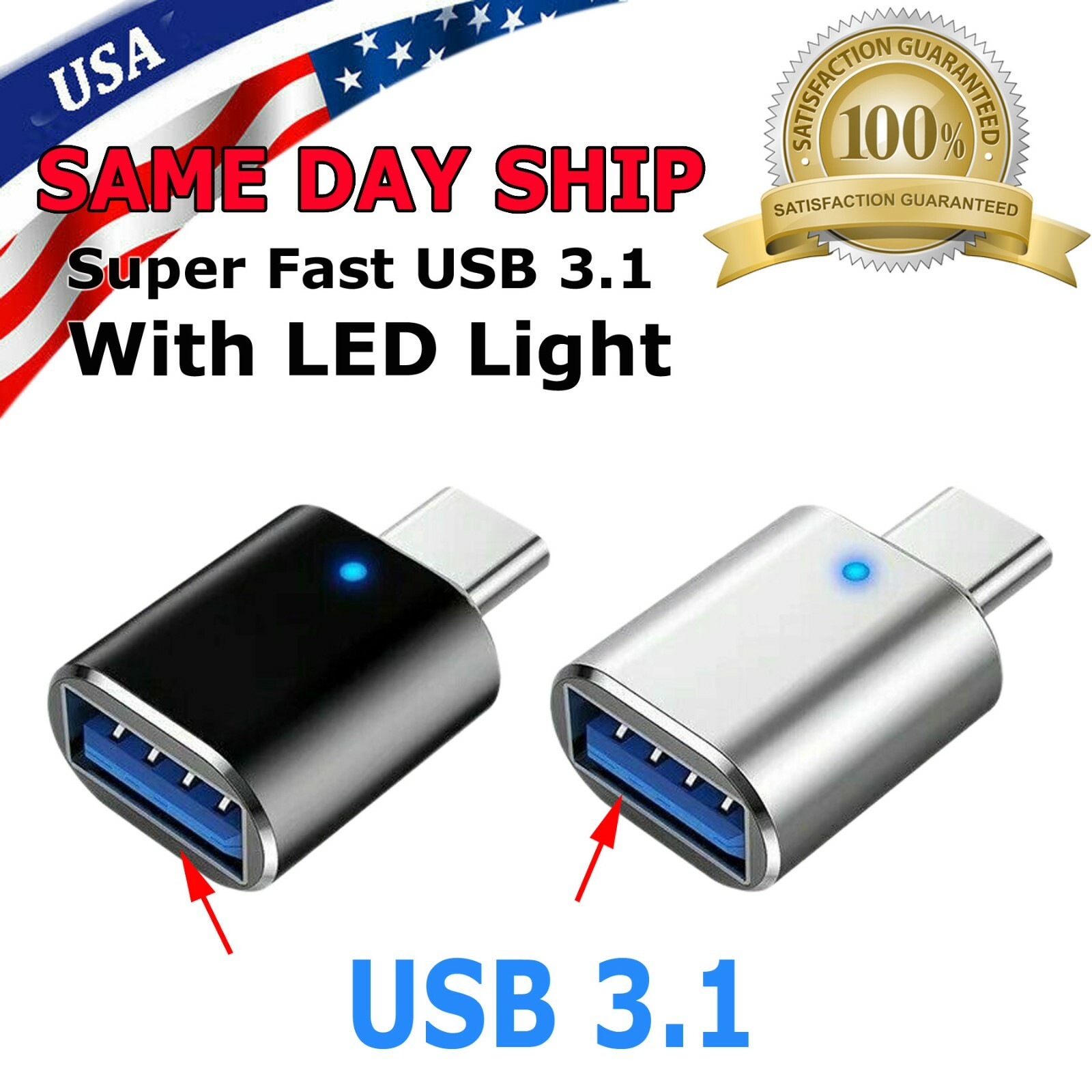 LED USB-C 3.1 Male to USB A Female Adapter Converter OTG Type C Android Phone