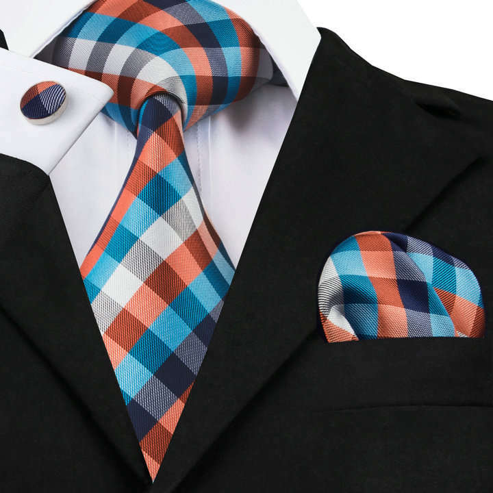 Blue, Orange, & White Cross-Striped Necktie, Hanky, and Cufflinks