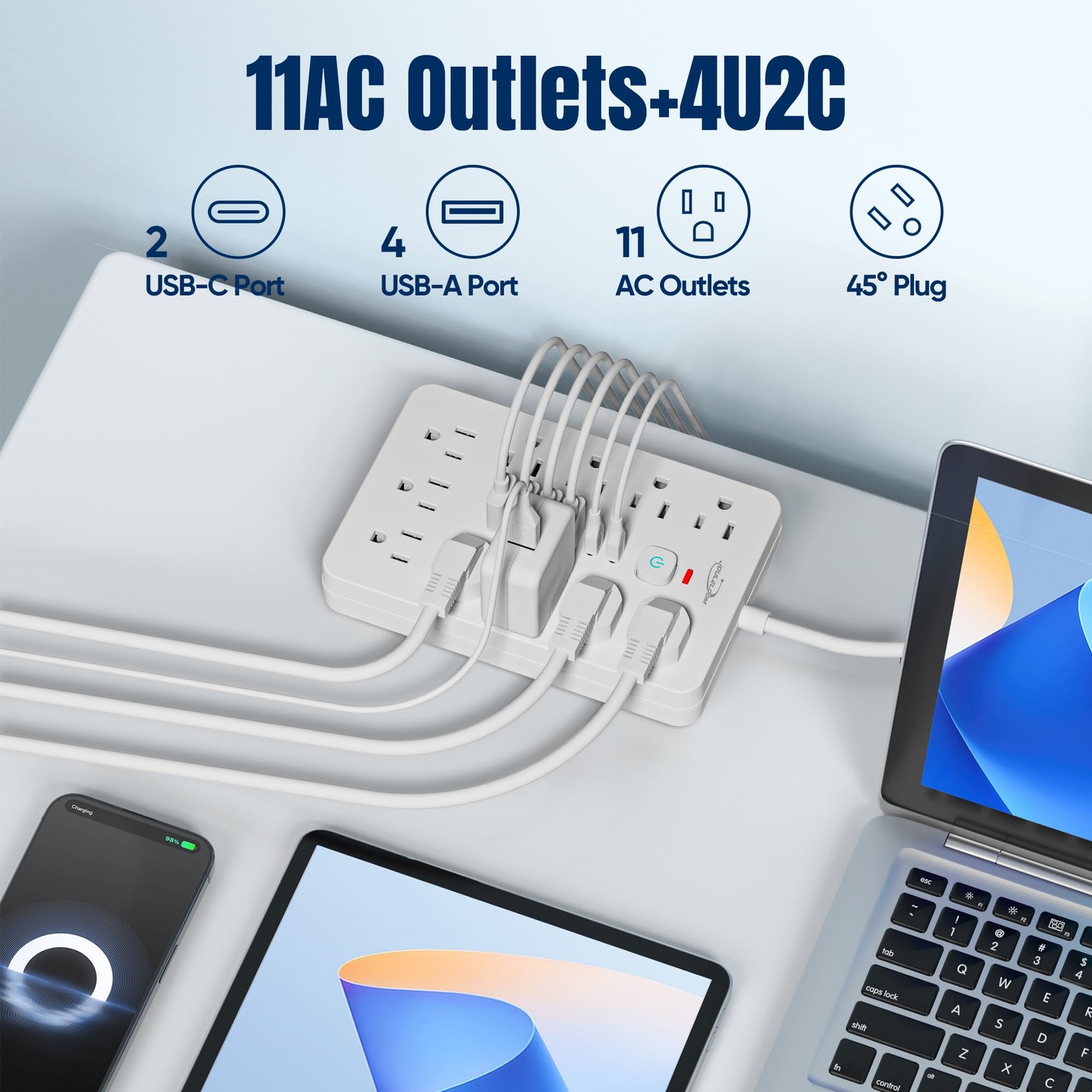 10 FT Flat Plug Surge Protector Power Strip11 Multiple AC Outlets with 6 USB ...