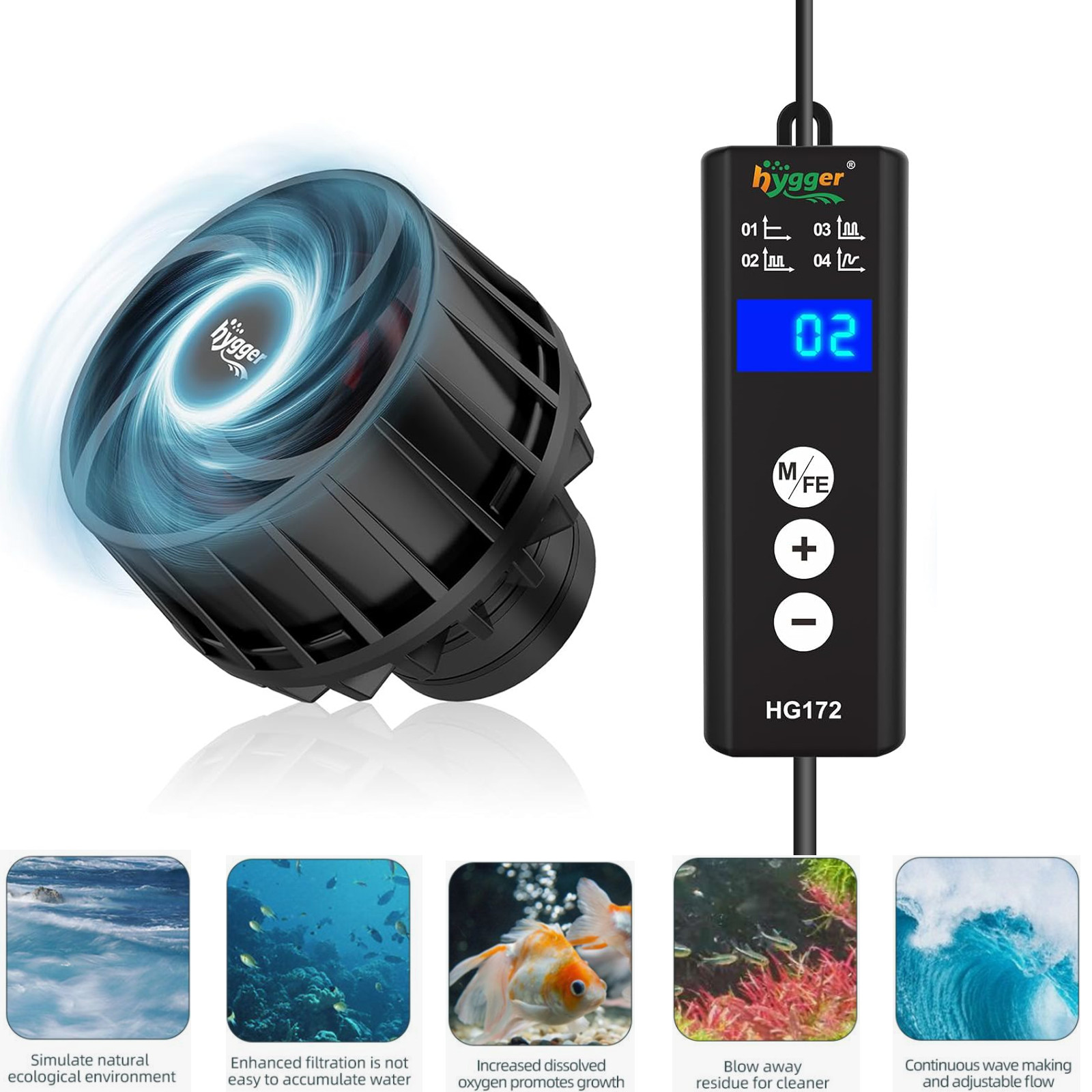 hygger Sine Aquarium Wave Maker 10-50-120 Gal Adjustable Circulation Pump