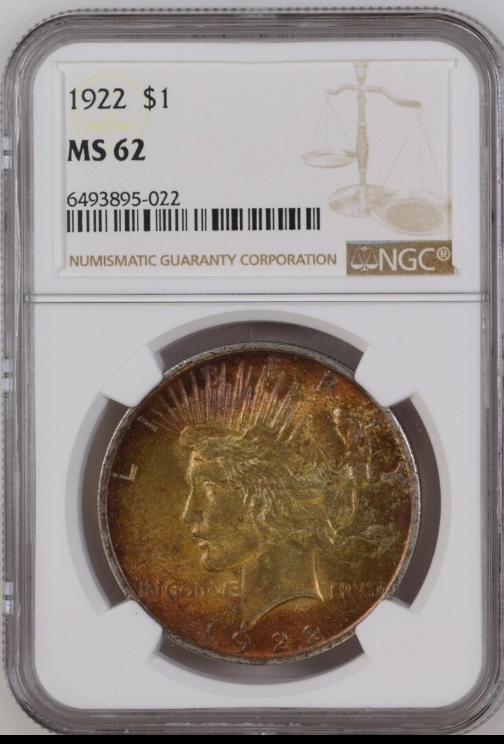 1922 Silver Peace Dollar PCGS MS62, colorful toning. Our T3191