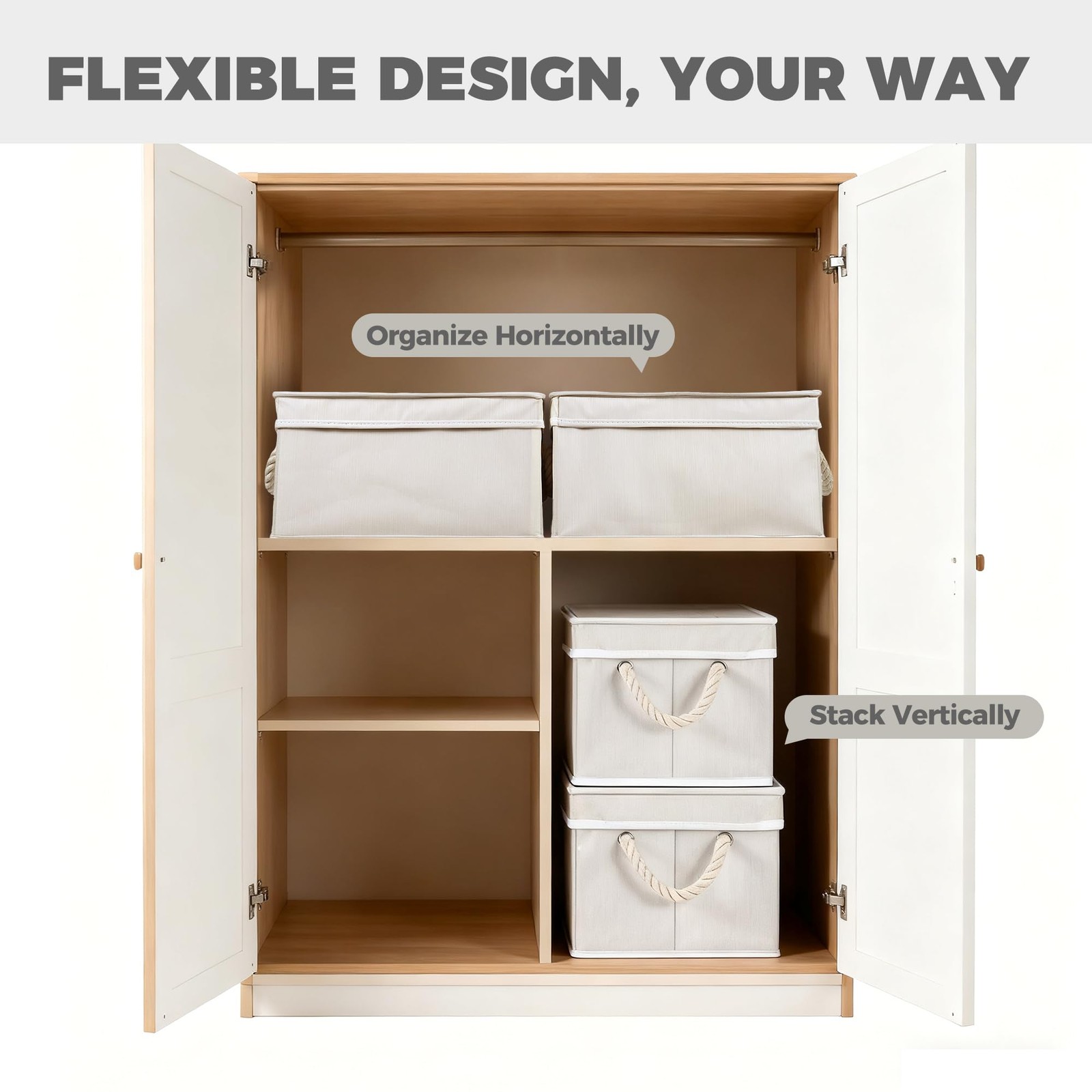Set of 3 Fabric Bins for Organization - Foldable & Stackable With Lid & Ivory