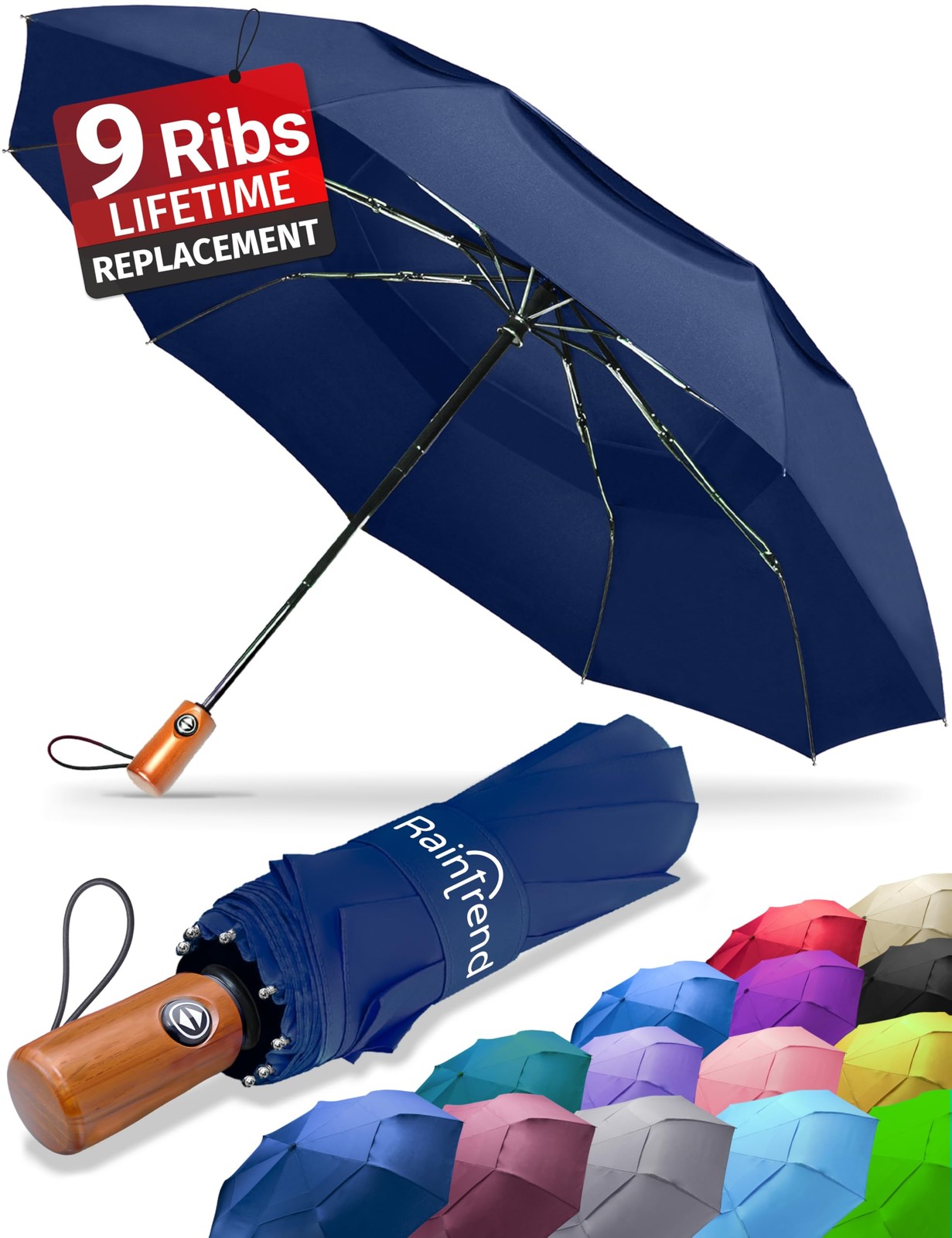 NEW Windproof Umbrella for Rain Large Double Canopy Travel Large, I Navy Blue