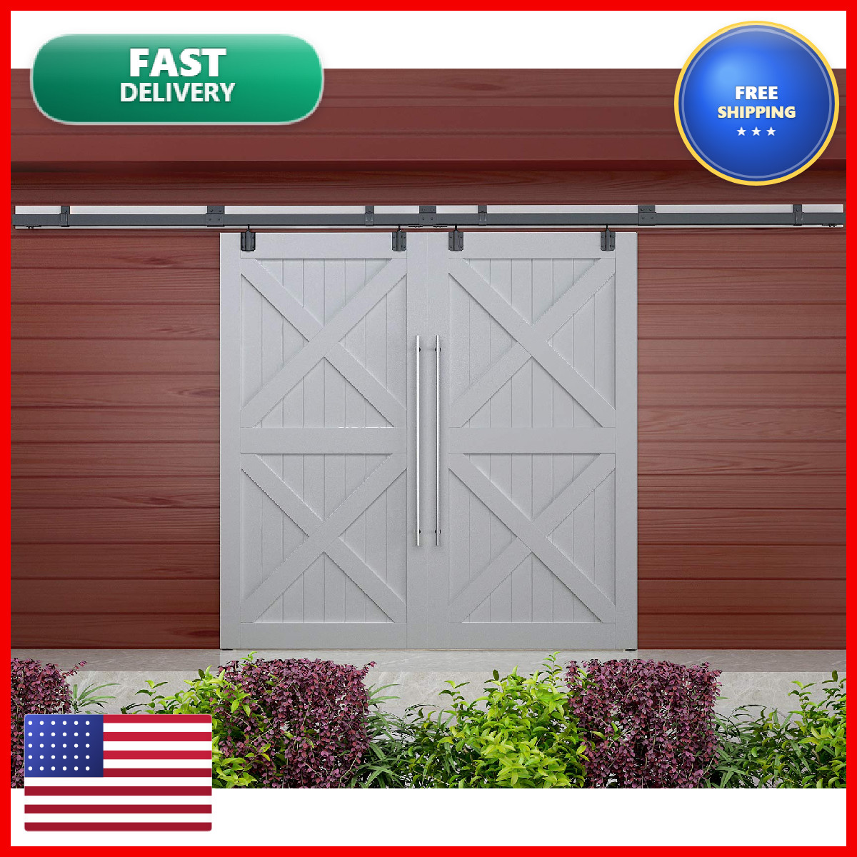 Diyhd 8Ft Heavy Duty Double Sliding Barn Door Hardware Trackwall Mount Kit For