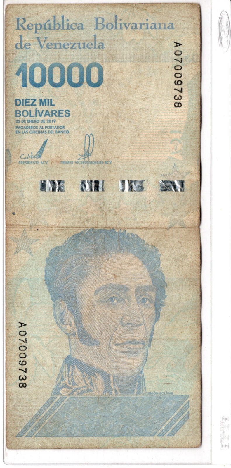Venezuela 10,000 Bolivares banknotes-2019 issue A07009738 CIRCULATED