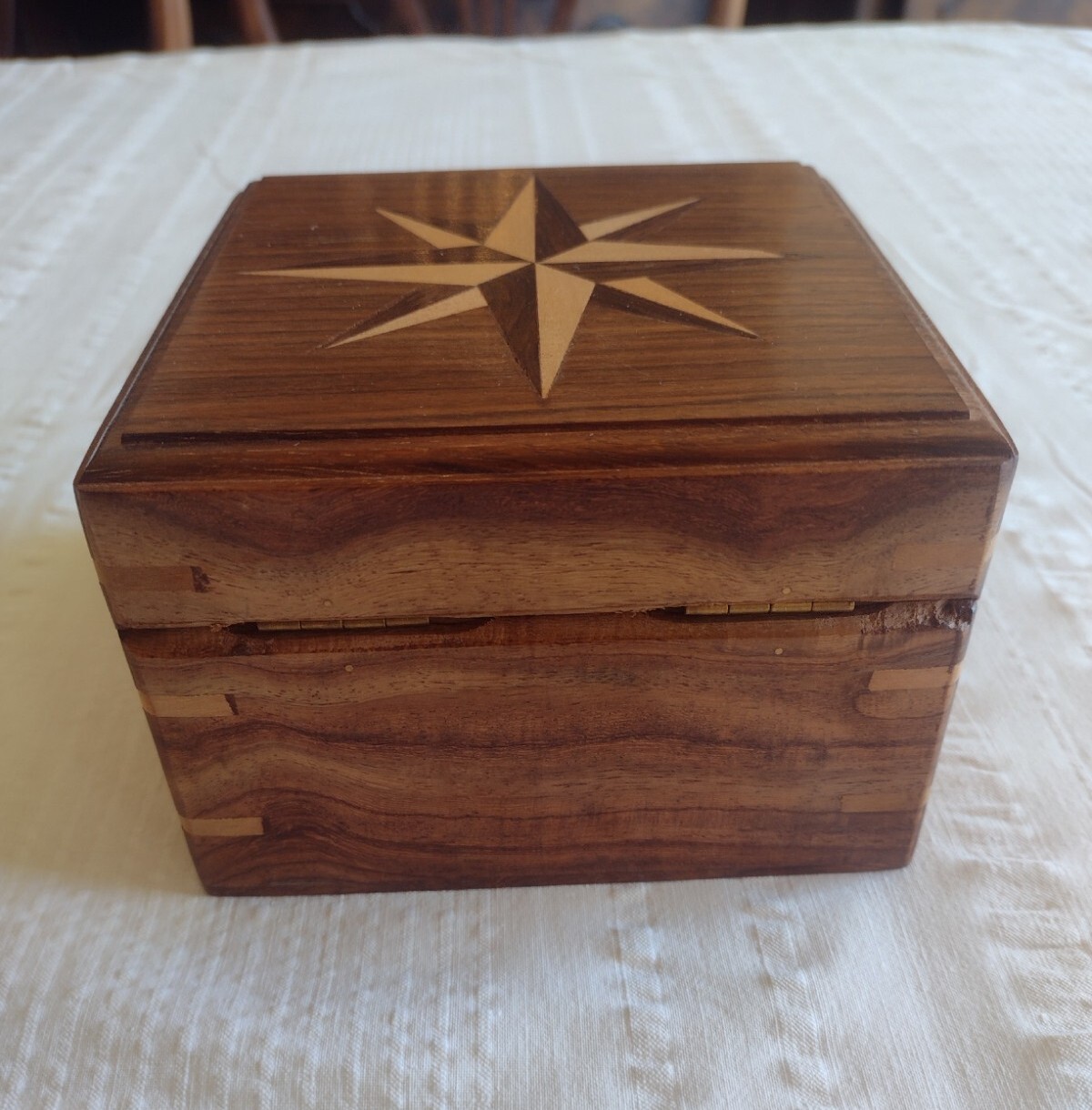 Wood Hinged Box With Compass Inside 4.75" X 4.75" X 3.25"