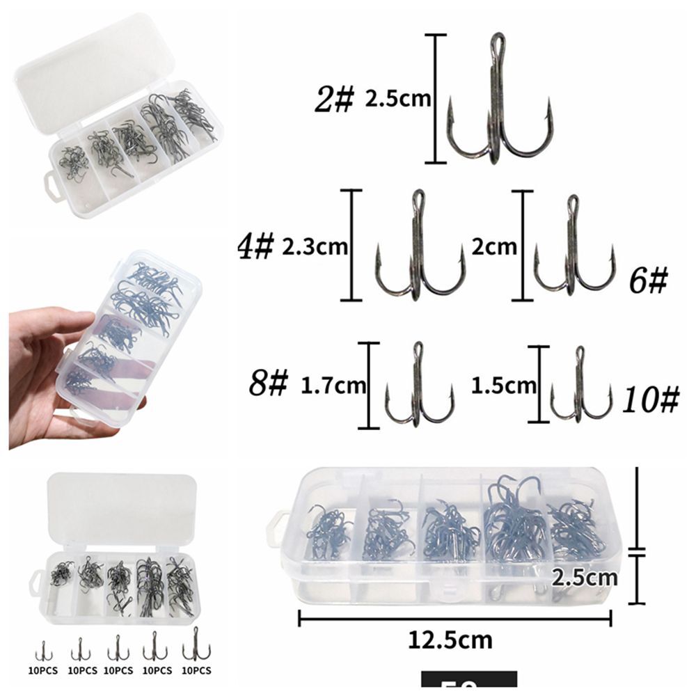 50pc/Box High Carbon Steel Fishing Hook Sharp Treble Hook 5 Size 2# 4# 6# 8# 10#