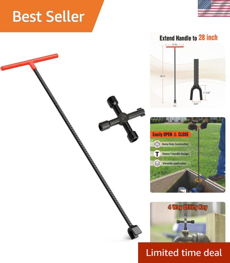 Water Meter Key 28 inch Enforced Steel T-Handle With 4-way Multi-Functional U...