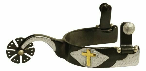 Showman MEN'S Black Steel Flat Rowel SPURS Engraved SILVER with GOLD CROSS