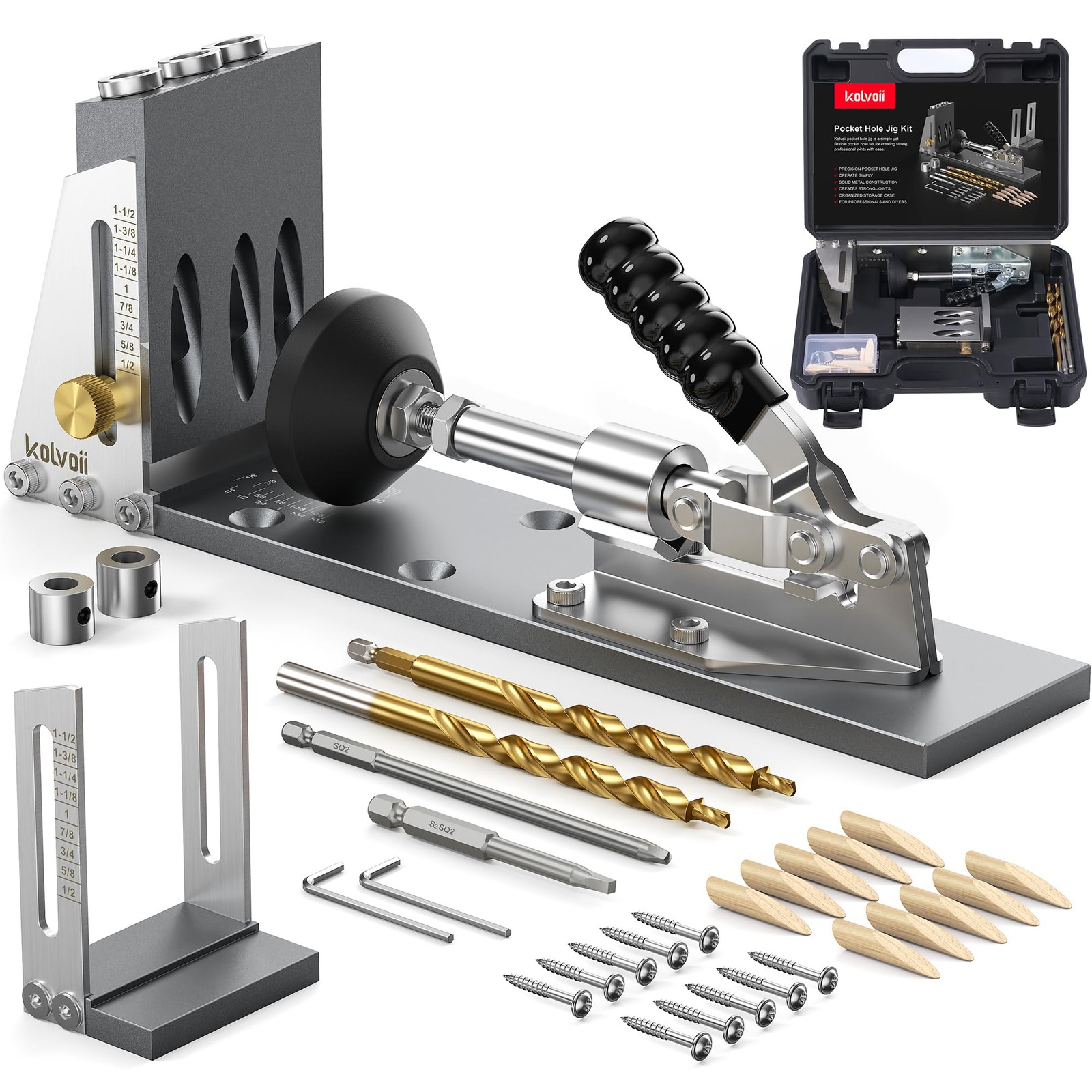Kolvoii Pocket Hole Jig Kit Adjustable Drill Guide 1/2-3-1/8 in w/ Case