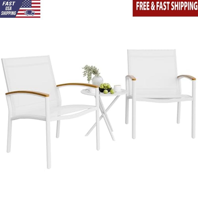 Textilene Fabric Patio Bistro Set Rust-Resistant Steel Frame Easy Assembly White