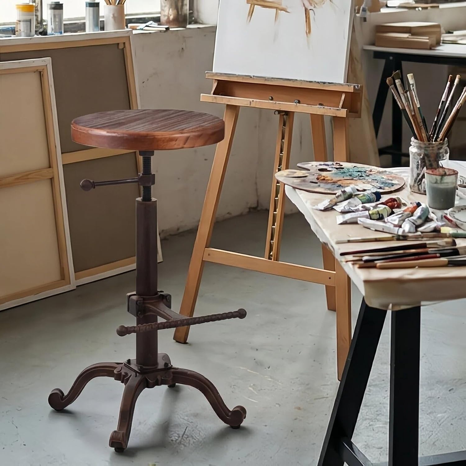 Industrial Retro Vintage Farm Wooden Tractor Stool Kitchen Swivel Height Adjusta