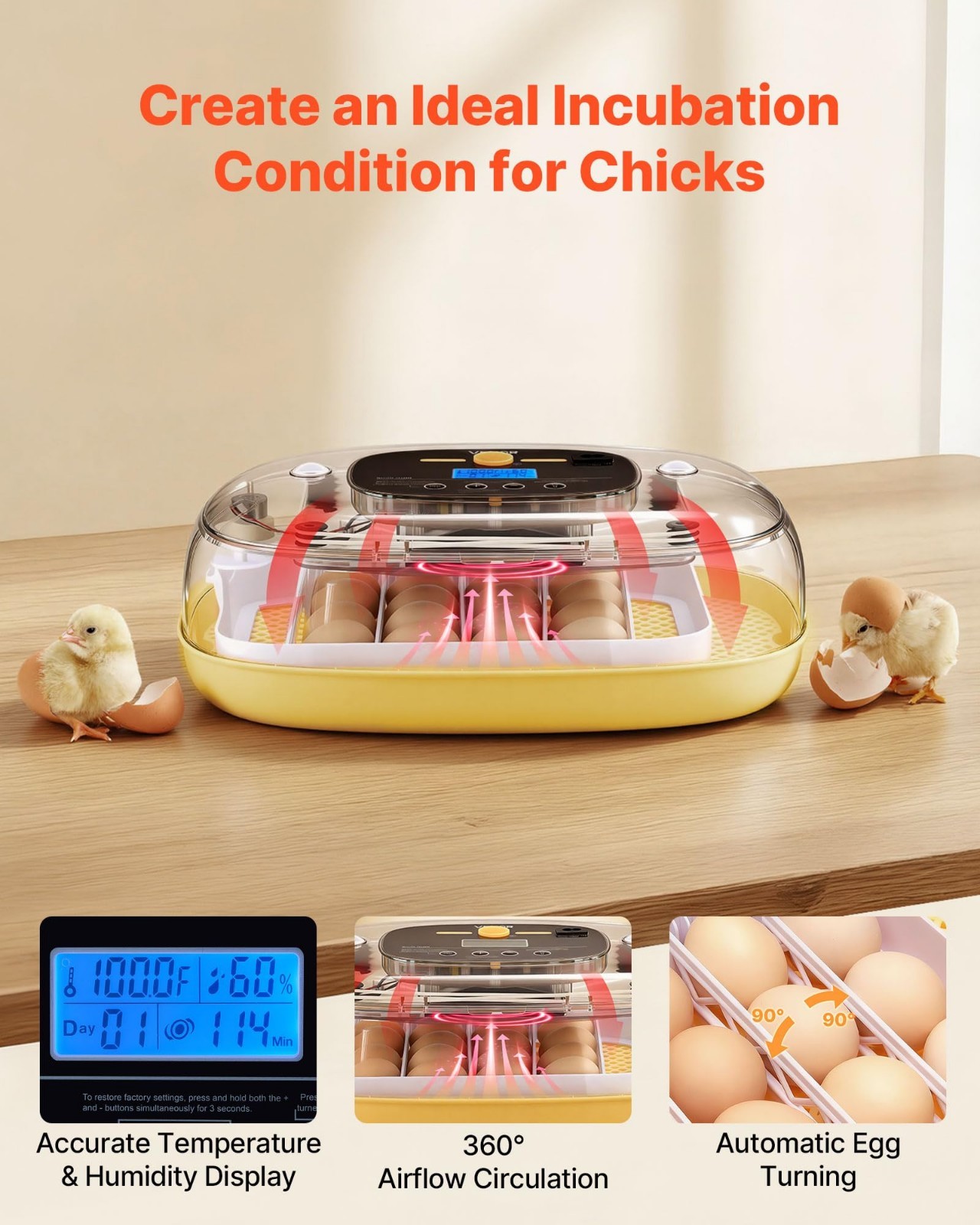 Automatic Egg Incubator 24 Eggs, LED Candler, Temp & Humidity Control, Auto Turn