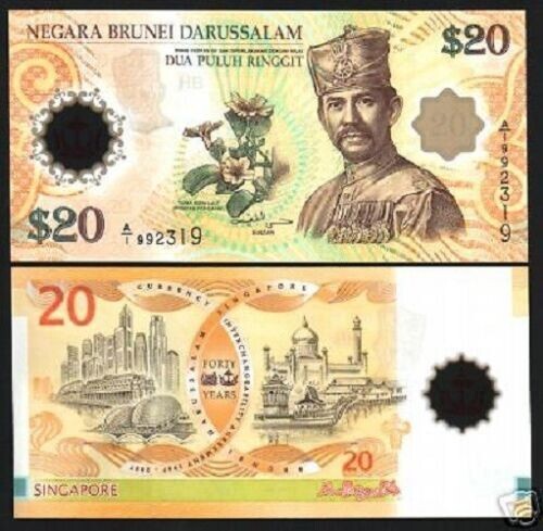 Brunei 20 RINGGIT P-34 2007 1st Prefix *A/1* 40th Any Commemorative UNC Polymer