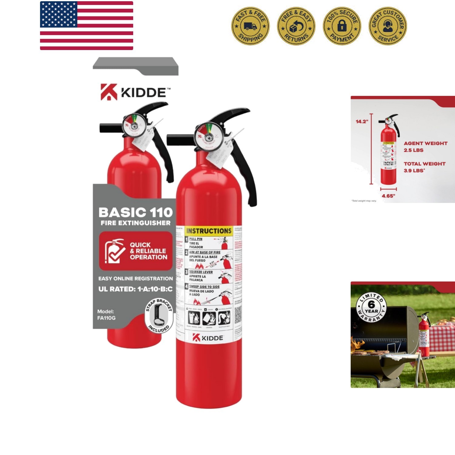FA110G Multi Purpose Fire Extinguisher, Wall Mount, for Home/Office/Dorm/Resi...
