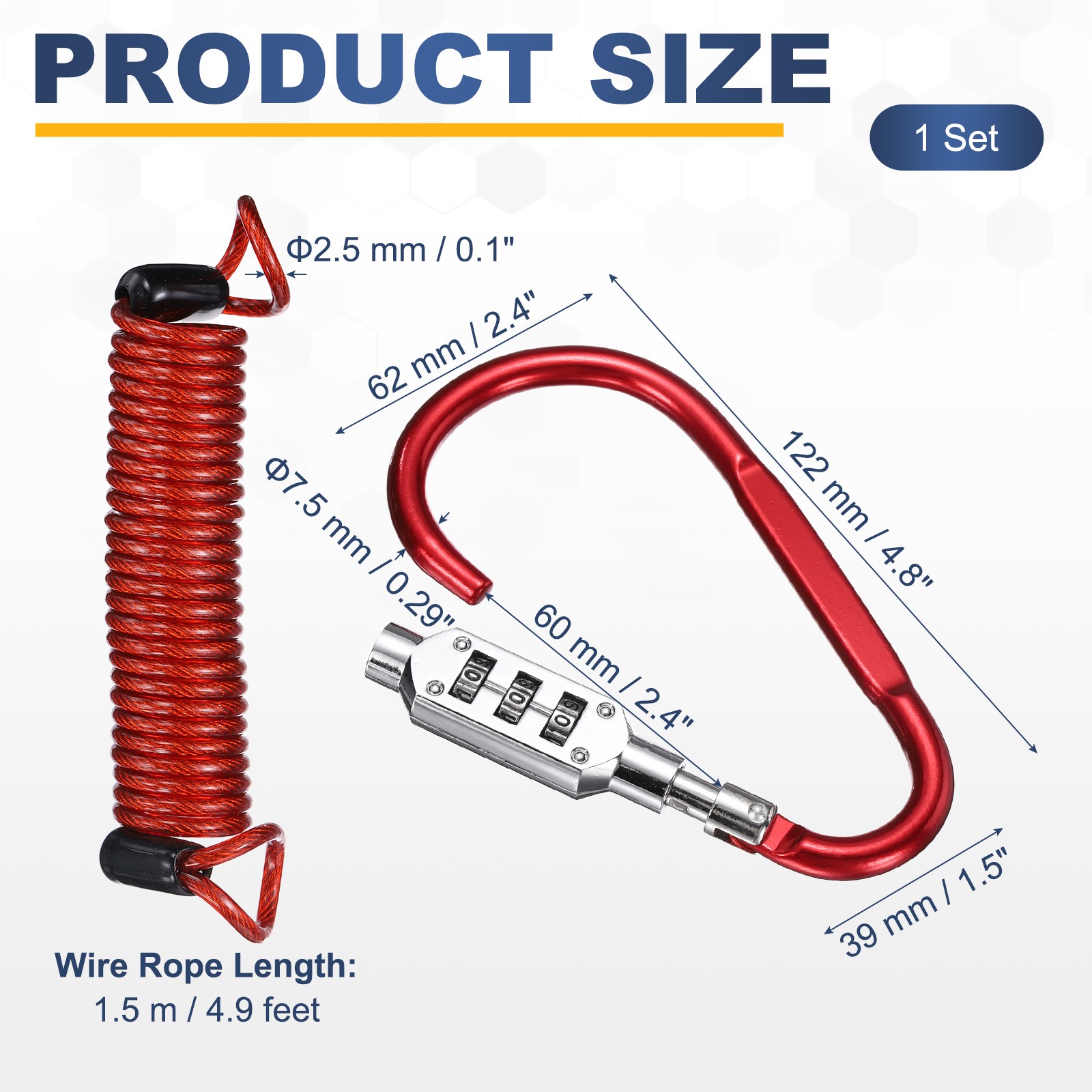 4.9Ft Security Cable Lock Steel Safety Cable with 4.8" Combination Lock Red