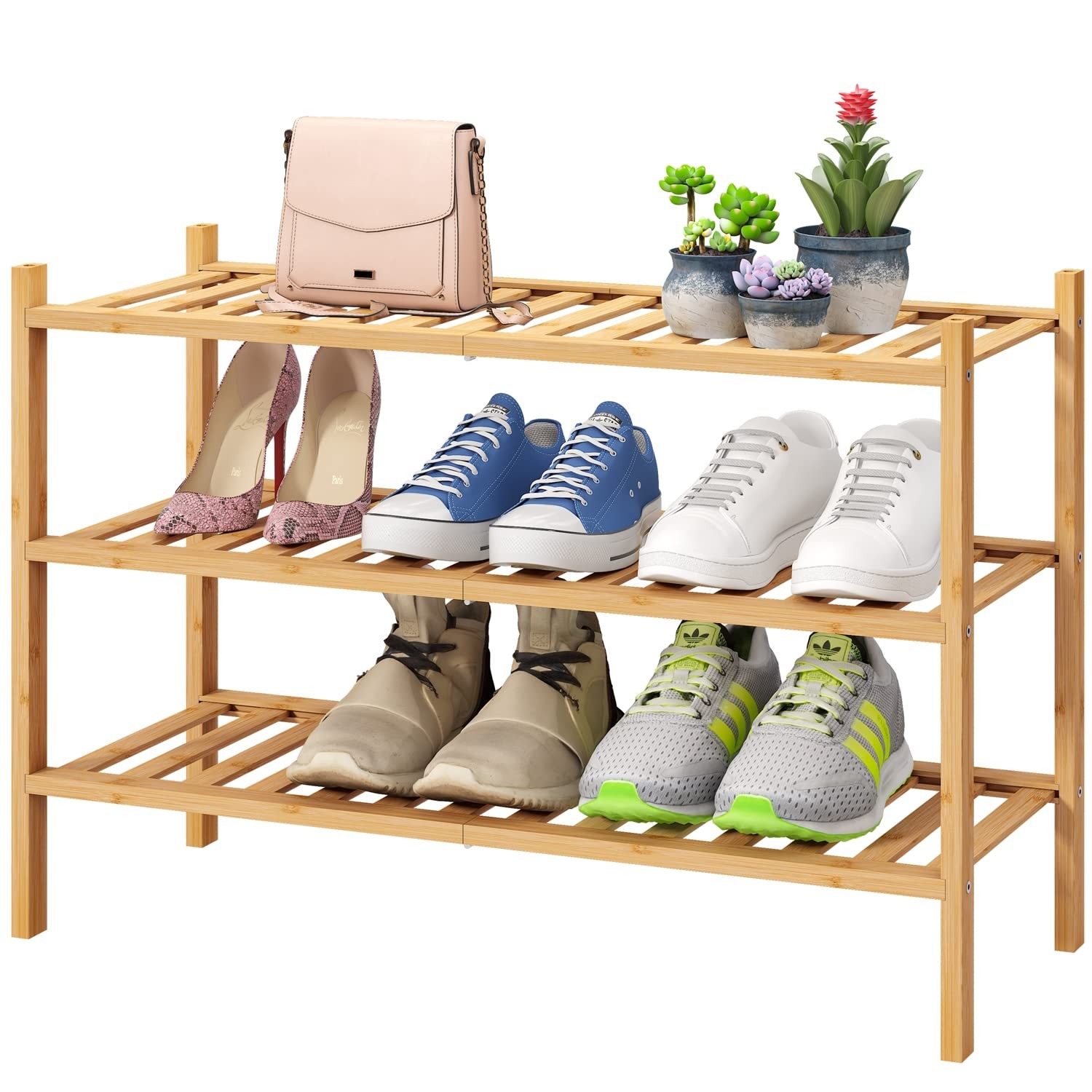 viewcare 3-Tier Free Standing Shoe Racks, Bamboo Wood 3-Tier, Natural
