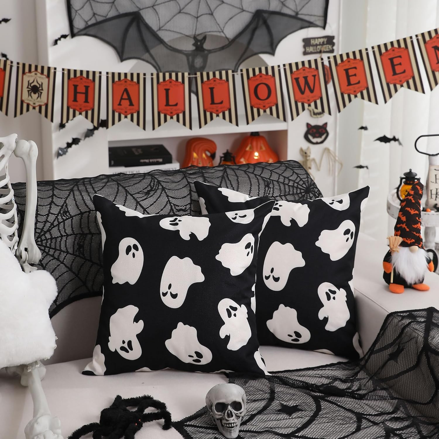 Halloween Pillow Covers 18X18 Inch Set of 2 Happy Halloween White Ghost Decor Bl