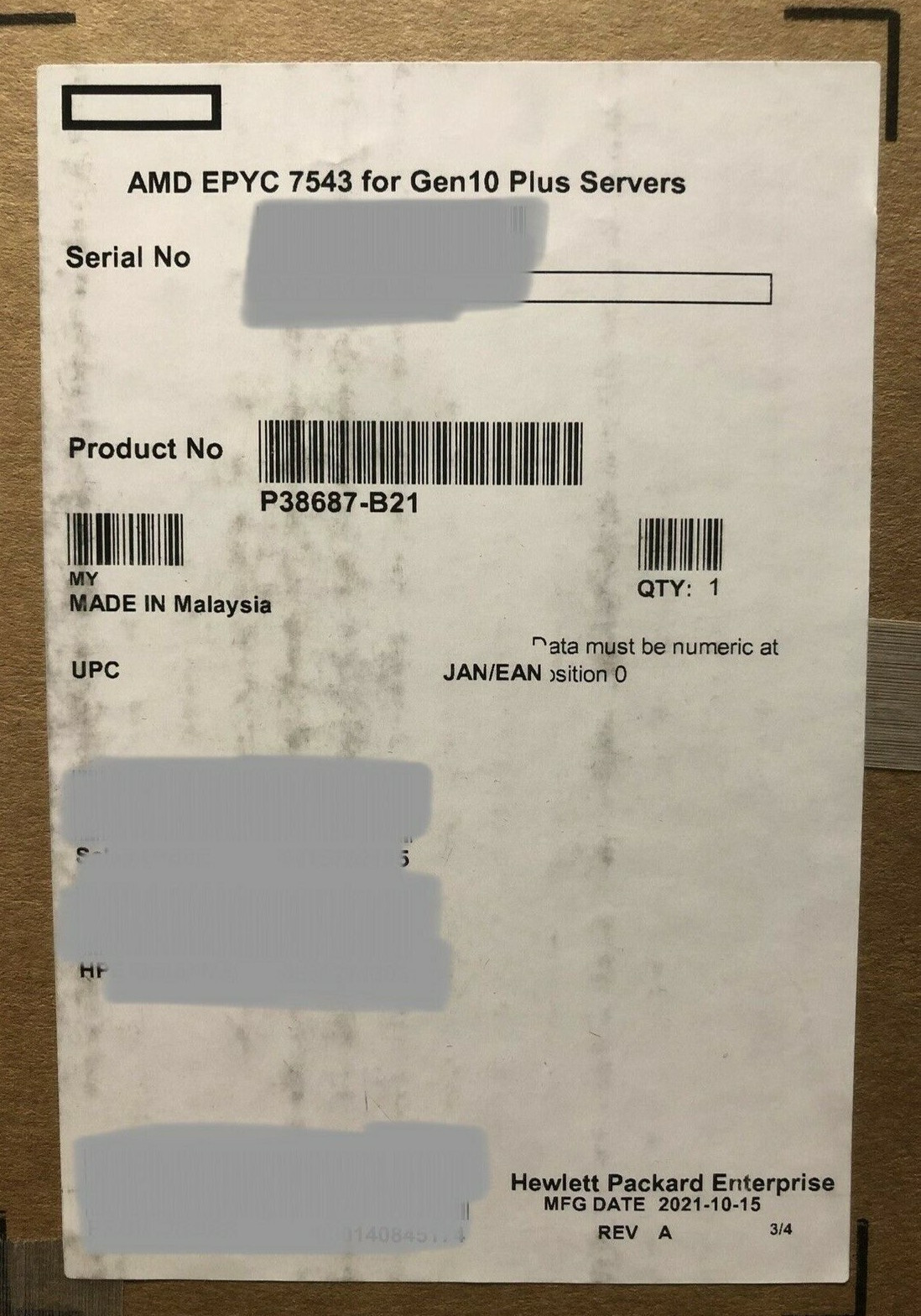 HPE AMD EPYC Milan 7543 CPU Processor 32 Core 2.8GHz 225W PCI-e 4.0 P38687-B21