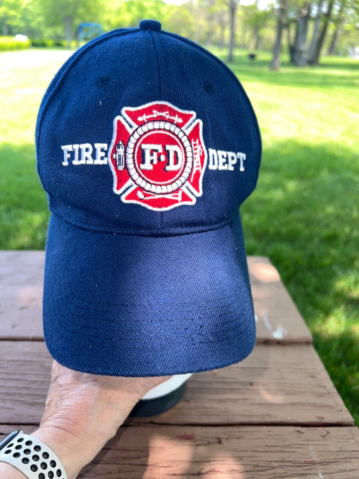 FD Fire Dept Navy Blue RWB Logo Hat Cap Hook Loop Dry Cleaned Good Condition