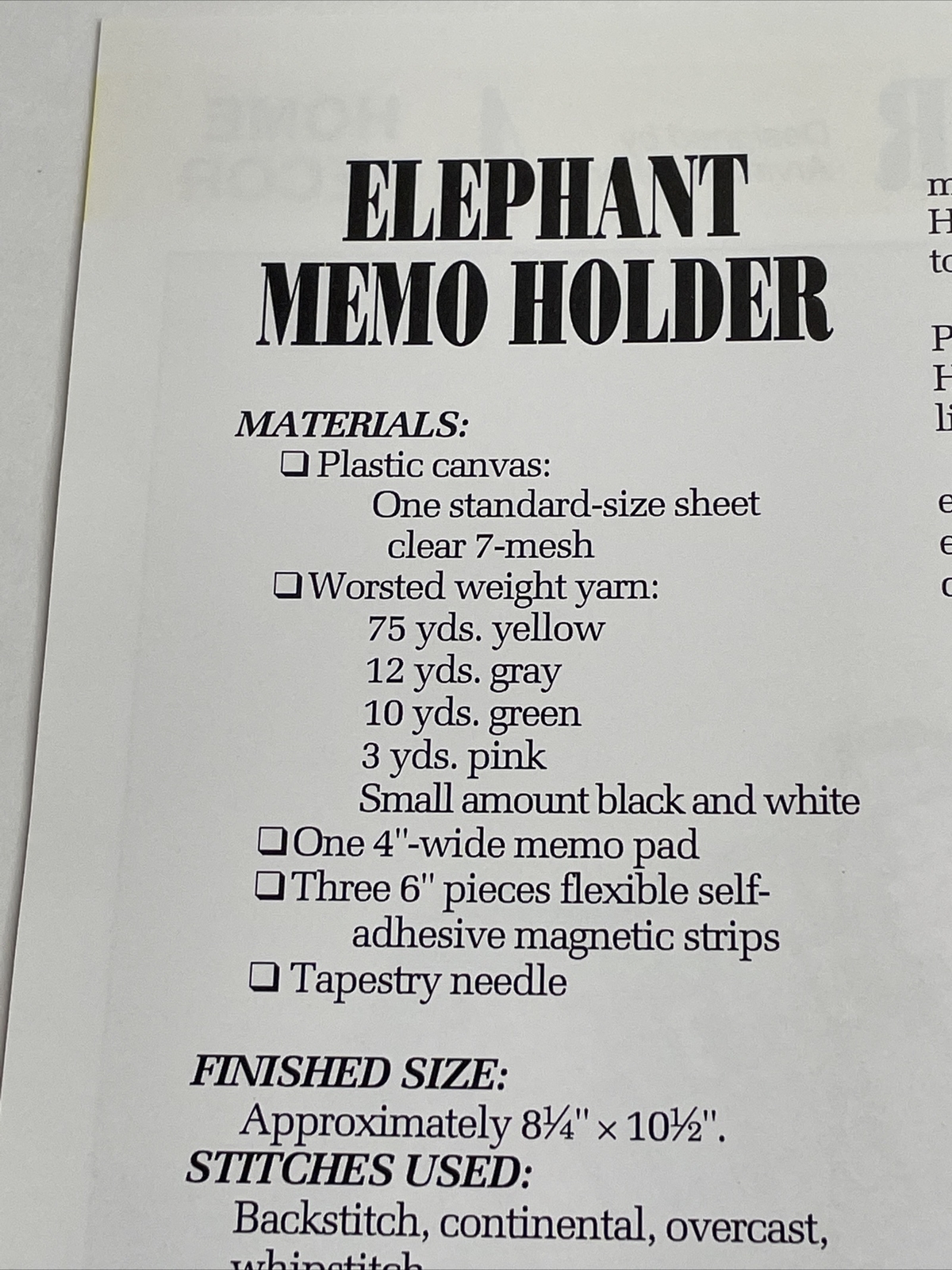 Annie's Attic Elephant Memo Holder Plastic Canvas Pattern