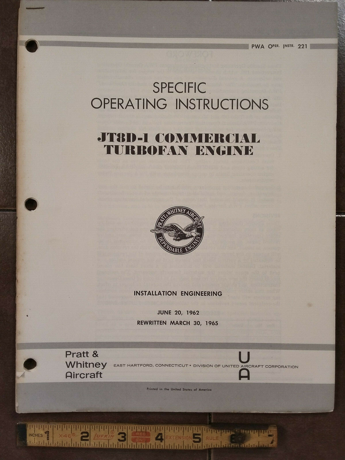 Pratt & Whitney JT8D-1 Specific Operation Instructions Manual