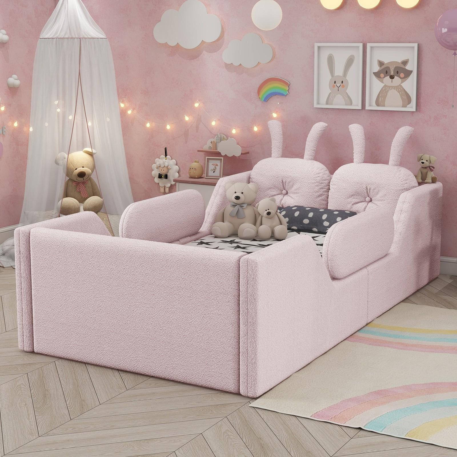 Twin Size Upholstered Platform Bed with Rabbit Cushion & Rails, Pink