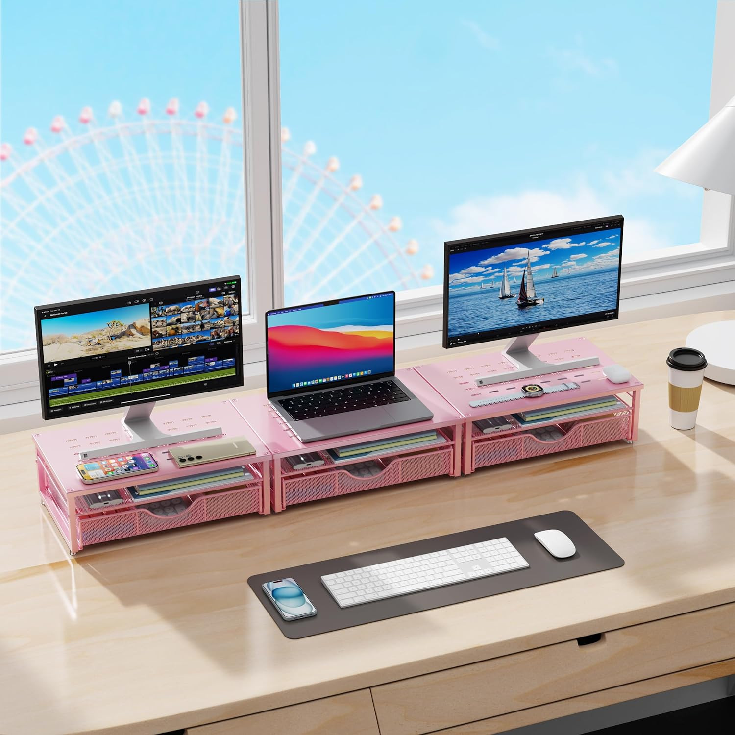 Computer Monitor Stand Riser with Drawer Office Organizer Storage Pink