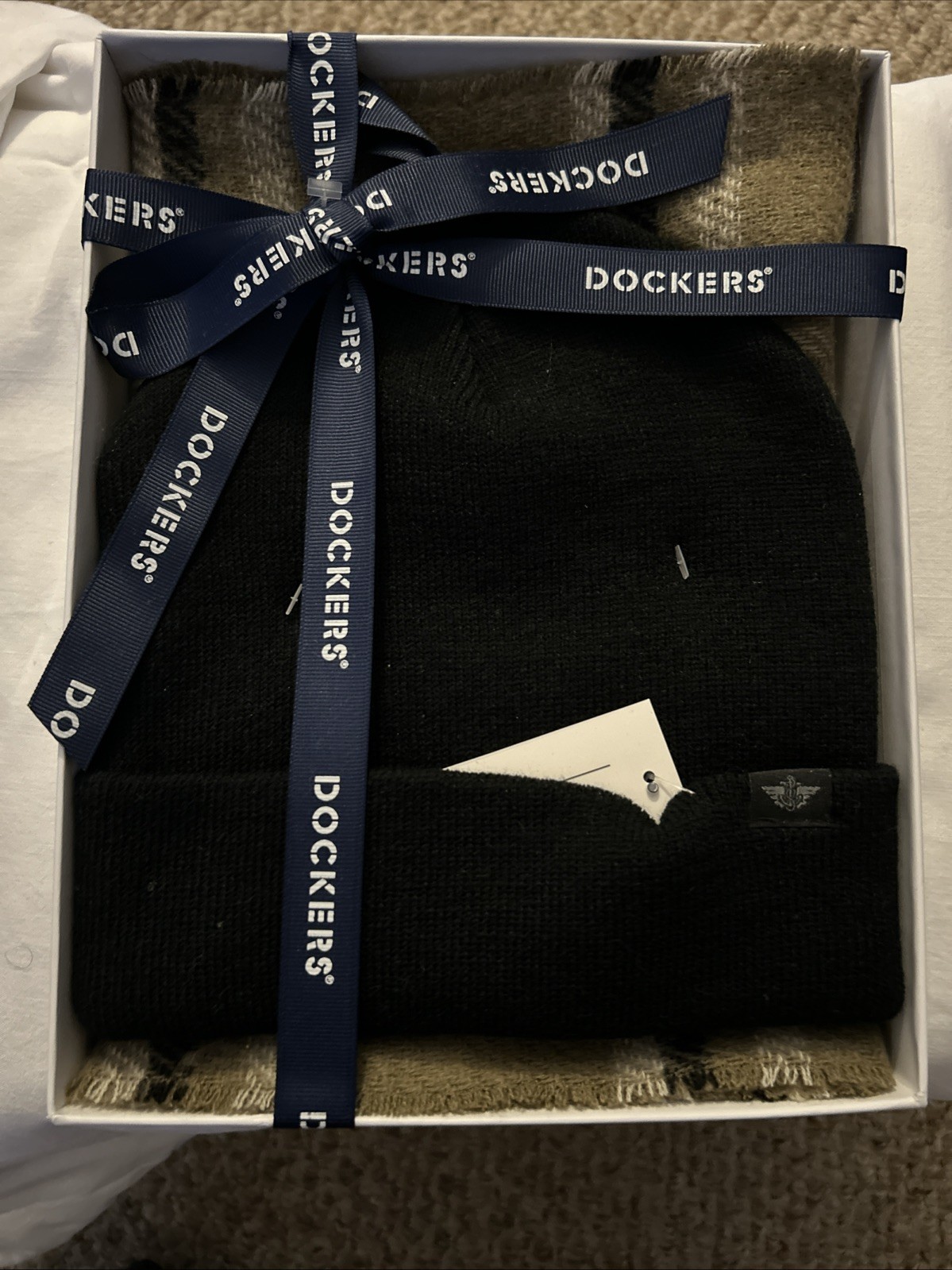 Dockers Men's Black/Khaki Flat Knit Beanie & Grid Scarf Cold Weather Set Box