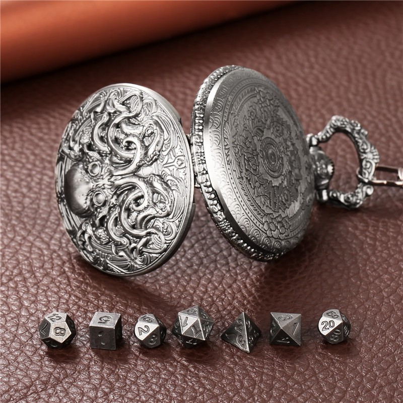 7pcs Solid Metal Polyhedral DND Dice Set in Octopus Pocket Watch Case with Chain