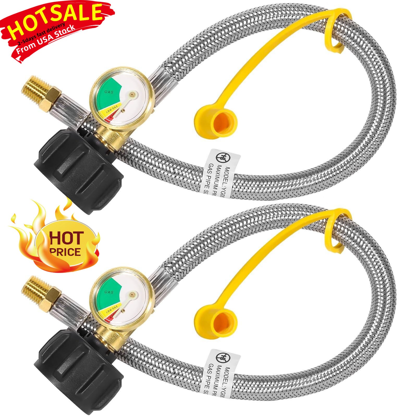 2 Pack 15 inch Stainless RV Propane Hose with Gauge QCC1/ Type 1 Connection