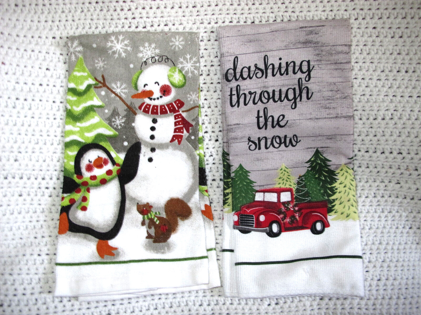Christmas Holiday Snowman Dish Towel White Gray Red Truck Trees Penguin Lot 2