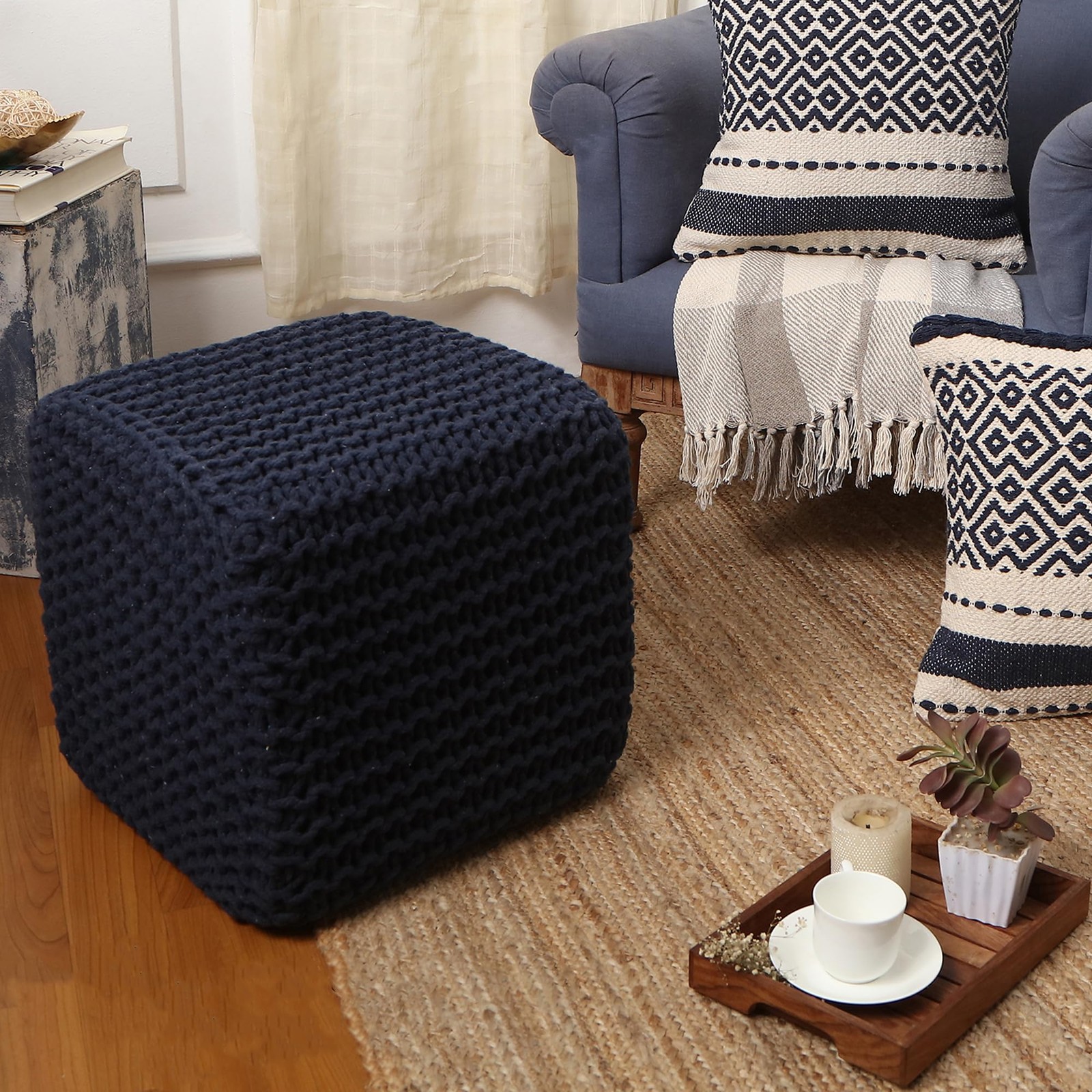 REDEARTH Square Hand Knitted Pouf - Foot Stool 16"D x 16"W x 16"H, Navy