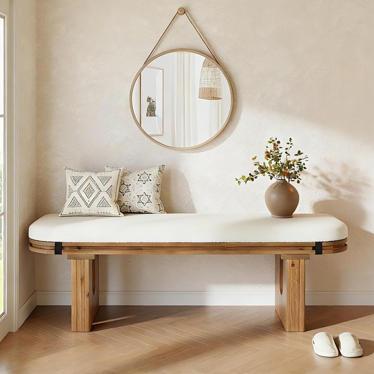 47.24" Solid Wood Entryway Bench with Upholstered, End of Bed Bench for Bedroom